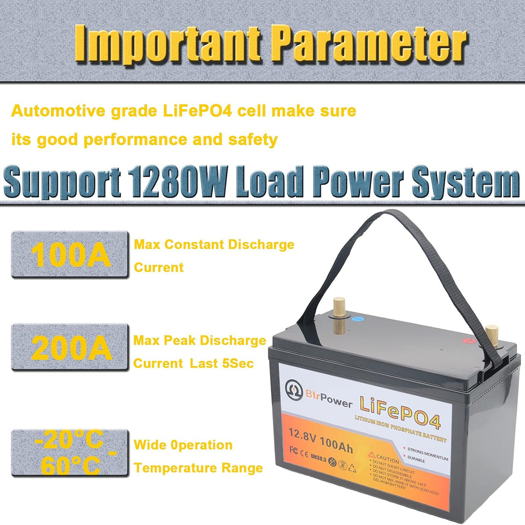 12V 100AH Lithium Battery,5000+ Deep Cycle LiFePO4 Battery with Built-in 100A BMS fit for Home Storage,Trolling Motor,RV,Off-Grid System,Solar Power System,Marine