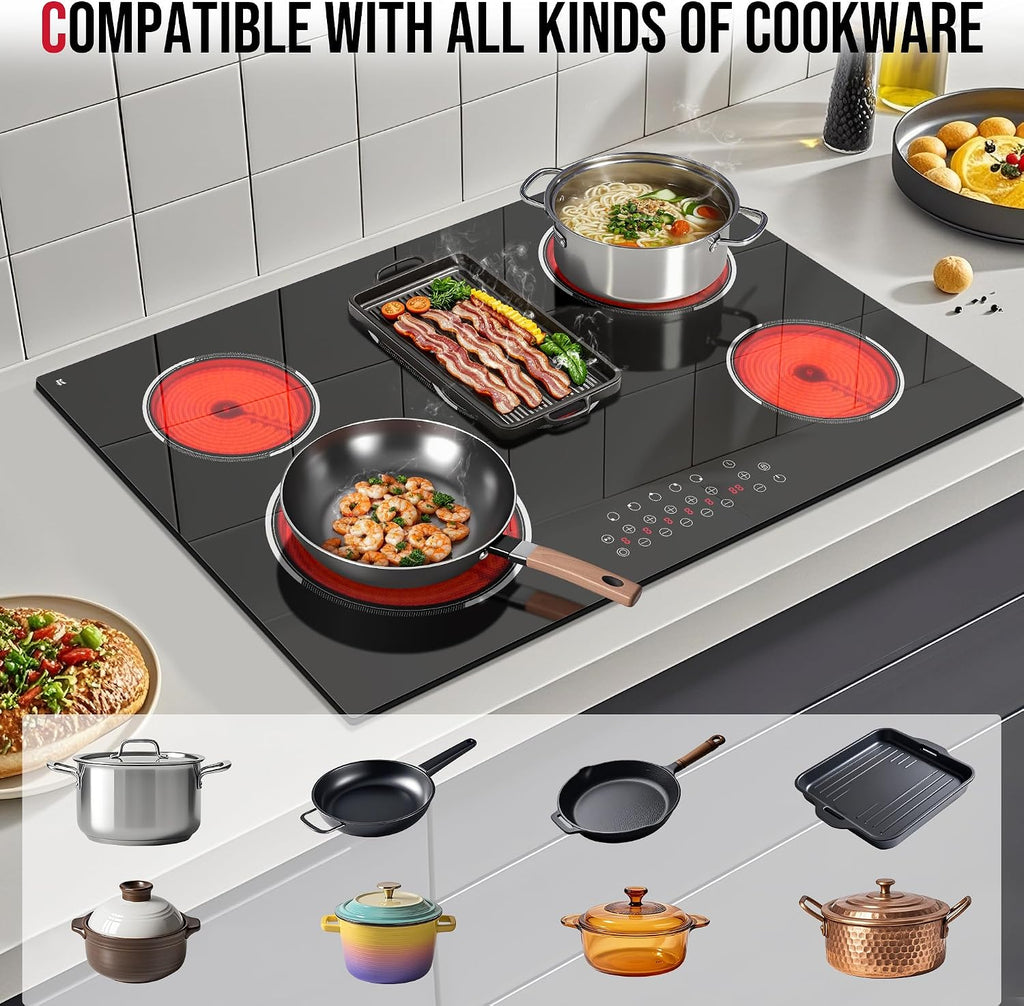 30 Inch Electric Cooktop, Built-in 5 Burner Electric Stovetop 8400W, 30' Glass Ceramic Cook Top with Expanded Zone, Child Safety Lock, Timer, Pause Control, 220V - 240V Hard Wire, No Plug