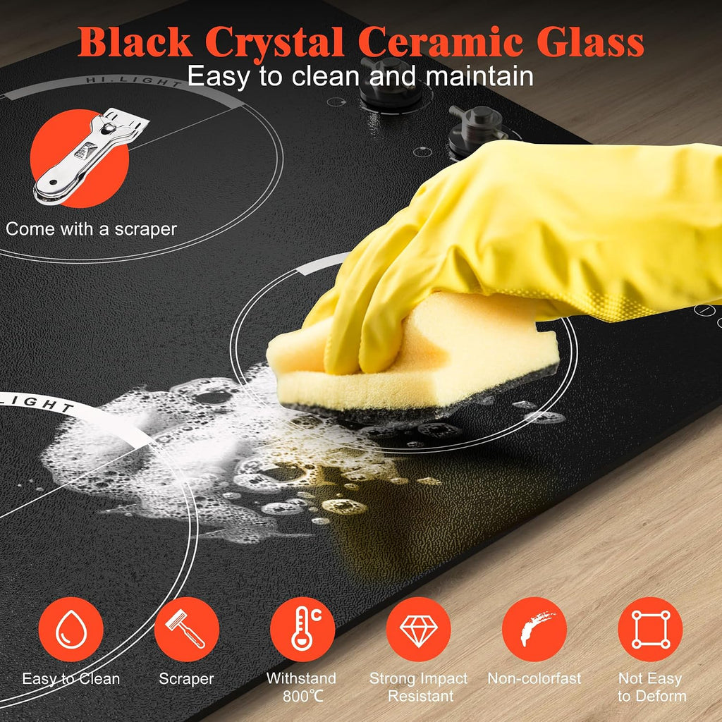 24 Inch Electric Cooktop - 4 Burner Built-in(22.05'x19.3') Glass Ceramic Stovetop 6000W, 220V Electric Stove Touch and Knob Control, Safety Lock, Pause, 99 Min Timer, 240V Hard Wire(No Plug)