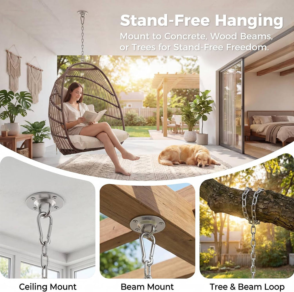 Nicesoul Outdoor Hanging Egg Chair Without Stand, Patio Wicker Swing Egg Basket Chairs with Padded Cushions, 350 Lbs Ceiling Tree Swinging Egg-Shaped Chair No Stand for Indoor Bedroom Porch, Brown