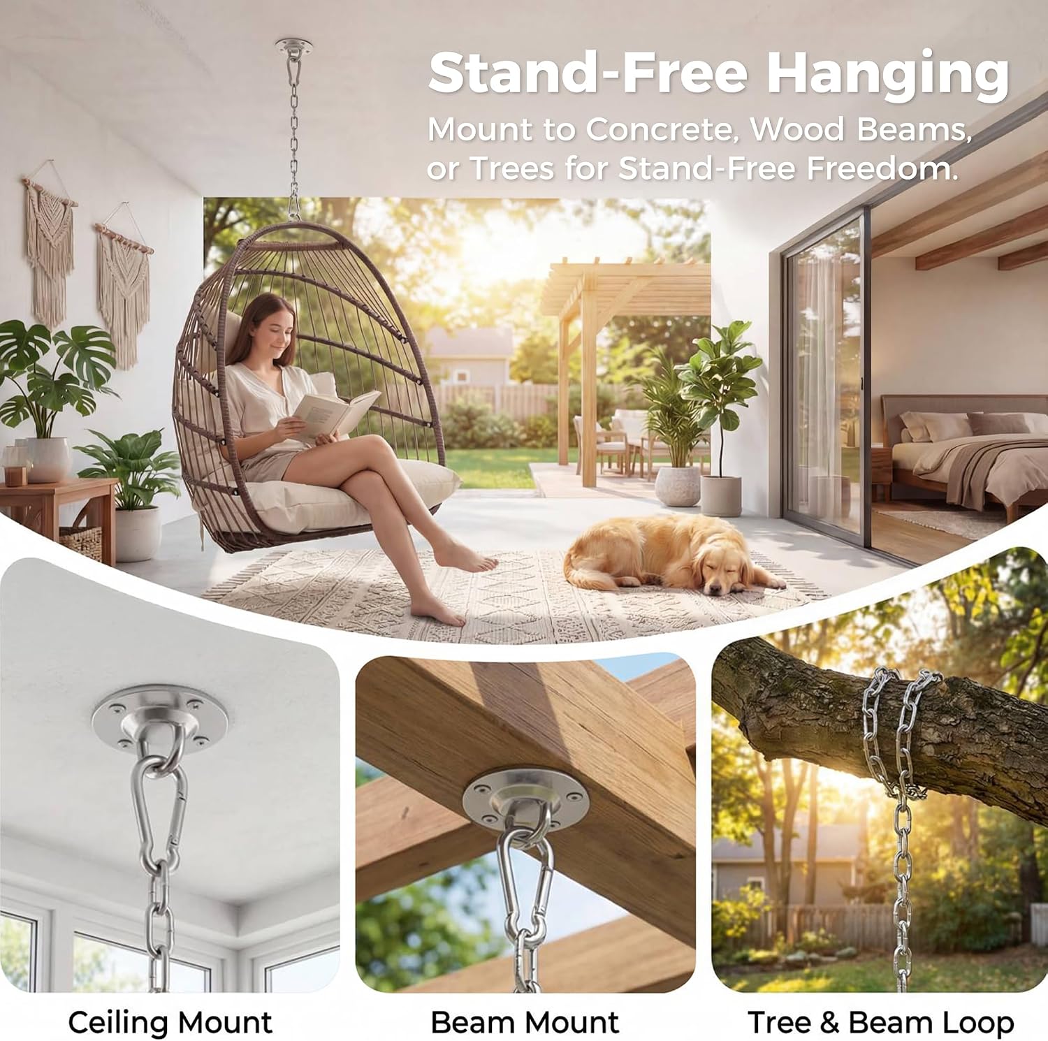 Nicesoul Outdoor Hanging Egg Chair Without Stand, Patio Wicker Swing Egg Basket Chairs with Padded Cushions, 350 Lbs Ceiling Tree Swinging Egg-Shaped Chair No Stand for Indoor Bedroom Porch, Brown