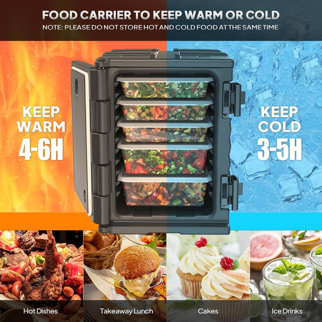 ROVSUN 82 QT Food Warmer, Catering Food Warmers Insulated Food Pan Carrier w/4 NSF Full-Size Pans Wheels Double Buckles and Handles, Stackable Hot Boxes for Catering Restaurant Canteen Family Party