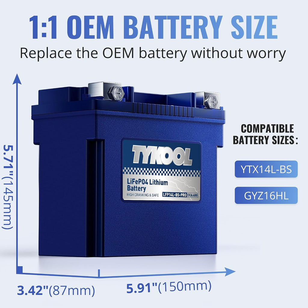 TYKOOL YTX14L-BS [- +] Lithium Battery 480 CCA for Harley Davidson Sportster 883 1200 Iron 48 XL XLH 2004-2023 Street 500 750 2014-2021 XR1200X BRP Seadoo Spark | Digital SOC Display IP67 Waterproof