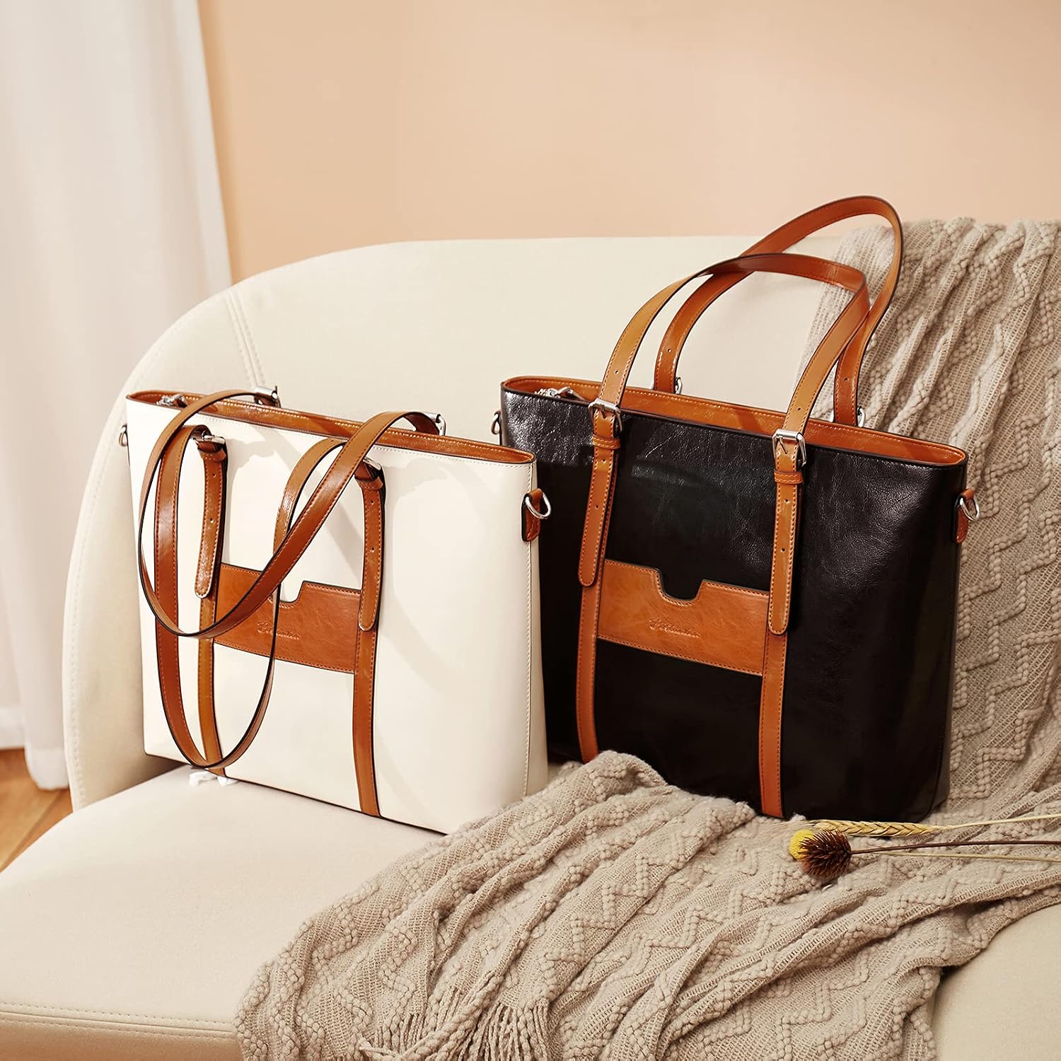 BOSTANTEN Leather Laptop Bag Work Tote for Women Shoulder Handbag Briefcase 15.6 inch Satchel Computer Bag