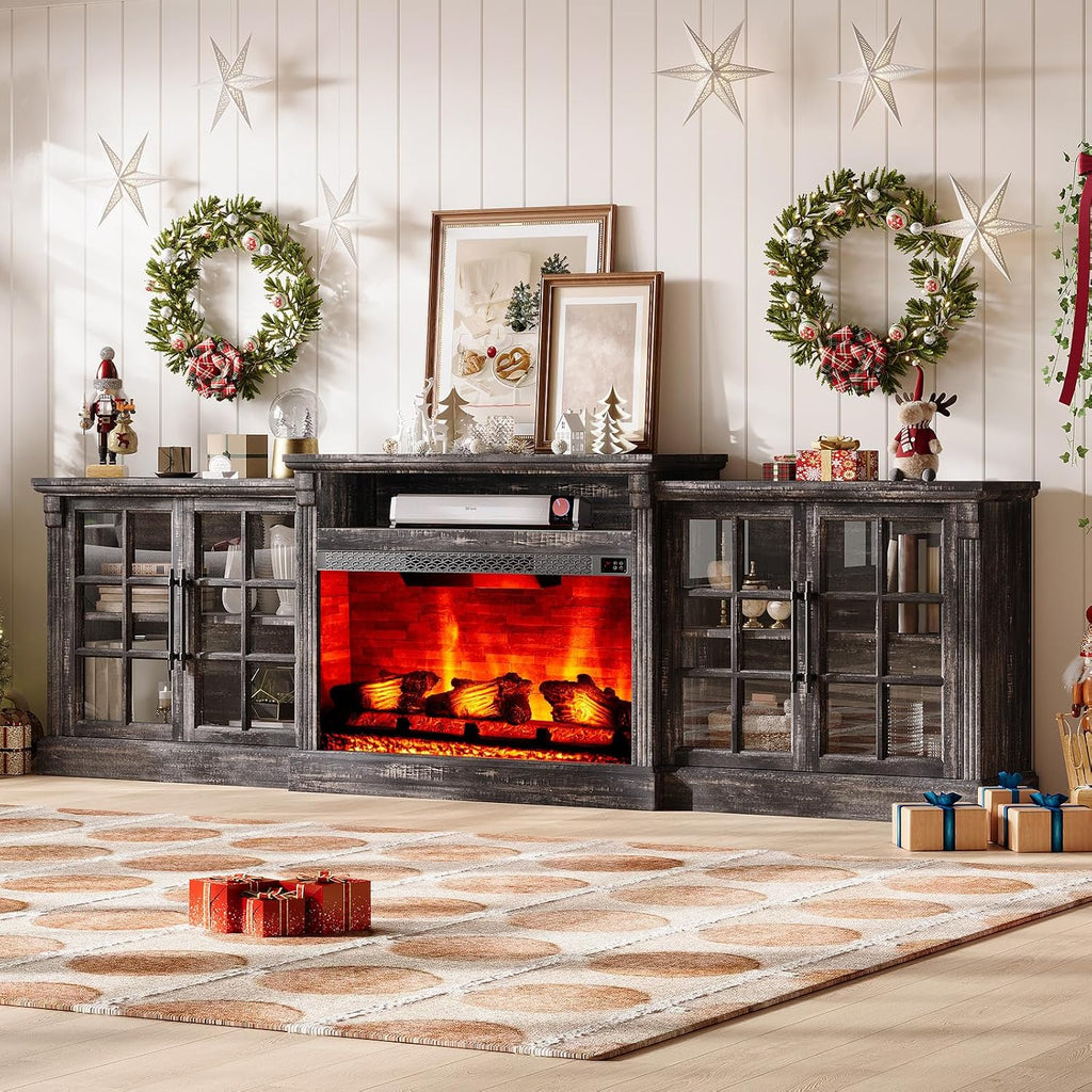 LUXOAK 97' Farmhouse TV Stand with 33' Fireplace for TVs up to 100', Media Entertainment Center with Large Storage Cabinet and Adjustable Shelves for Living Room, Rustic Black