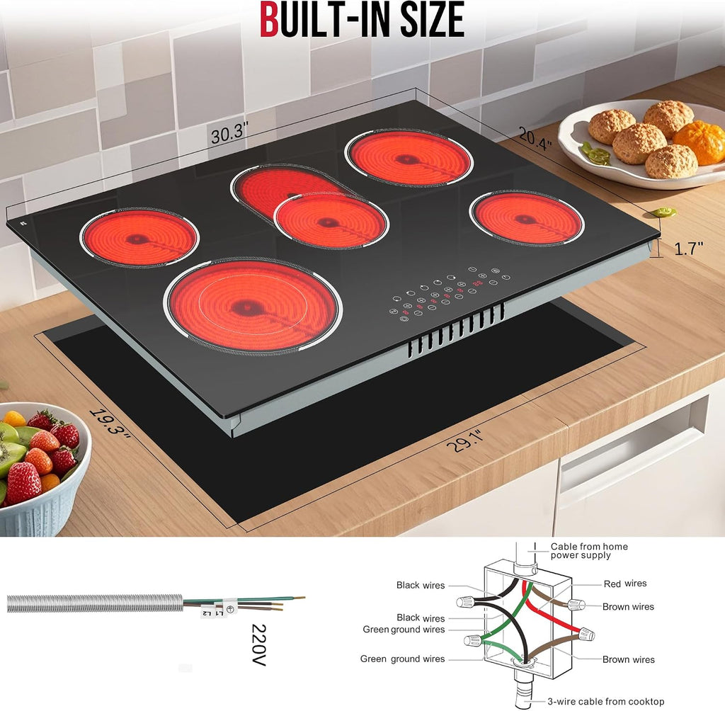 30 Inch Electric Cooktop, Built-in 5 Burner Electric Stovetop 8400W, 30' Glass Ceramic Cook Top with Expanded Zone, Child Safety Lock, Timer, Pause Control, 220V - 240V Hard Wire, No Plug