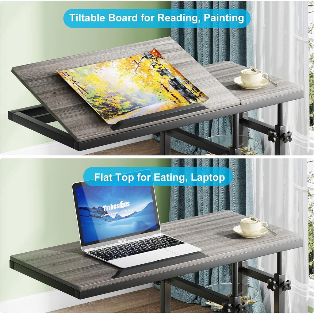 Tribesigns Height Adjustable C Table with Wheels, Mobile Couch Snack Side Table with Tiltable Drawing Board, Sofa Bedside Laptop Stand C Shaped TV Tray with Storage Shelves (Grey)