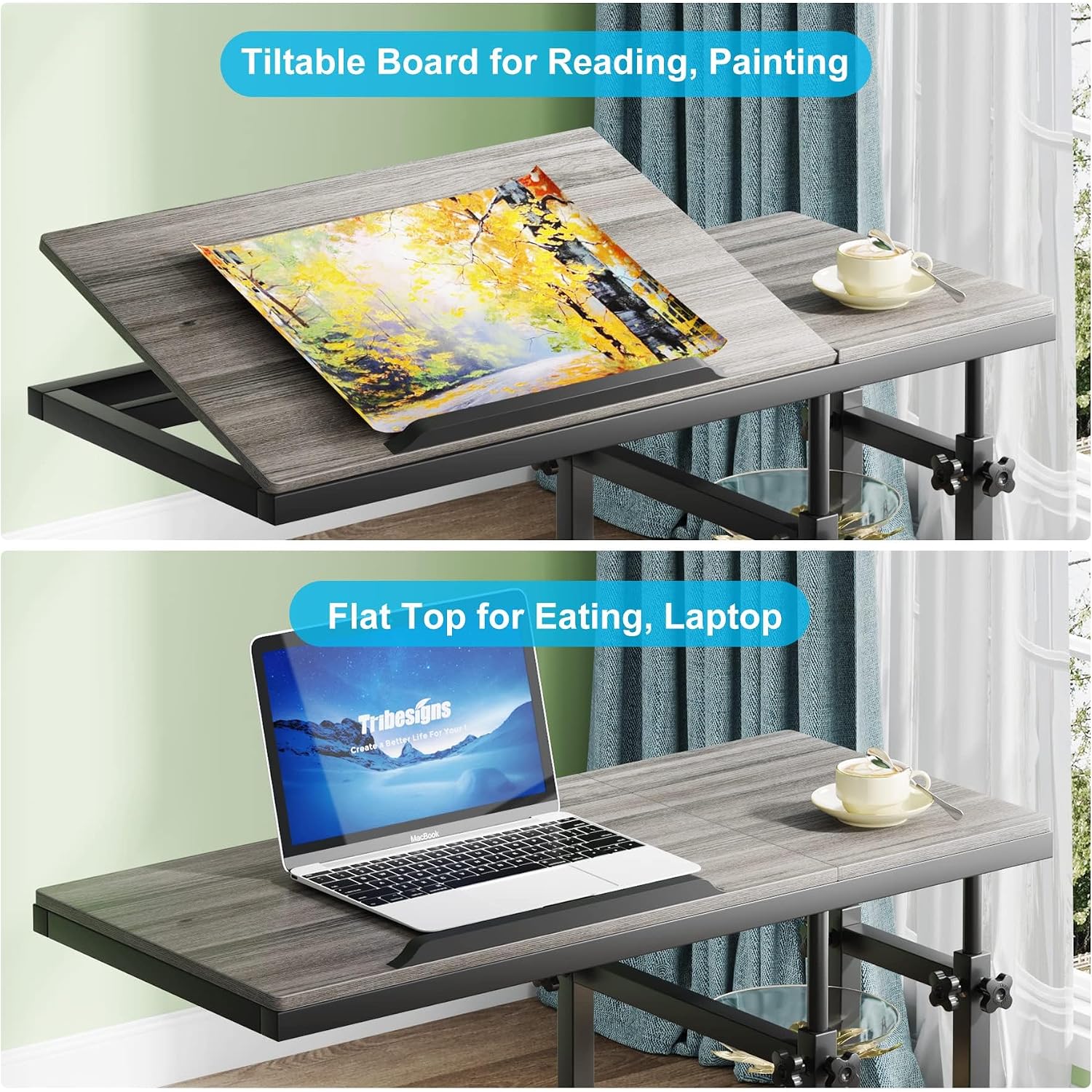 Tribesigns Height Adjustable C Table with Wheels, Mobile Couch Snack Side Table with Tiltable Drawing Board, Sofa Bedside Laptop Stand C Shaped TV Tray with Storage Shelves (Grey)