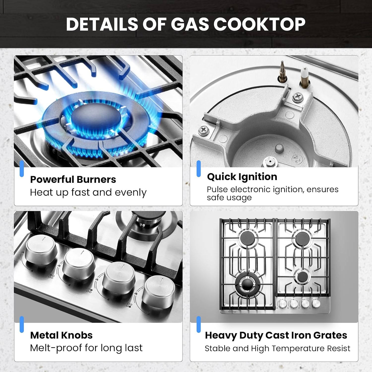 24 inch Gas Cooktop, Bulit-in 4 Burners Gas Stove Stainless Steel Stove Top with Thermocouple Protection, LPG/NG Convertible Propane Cooktops