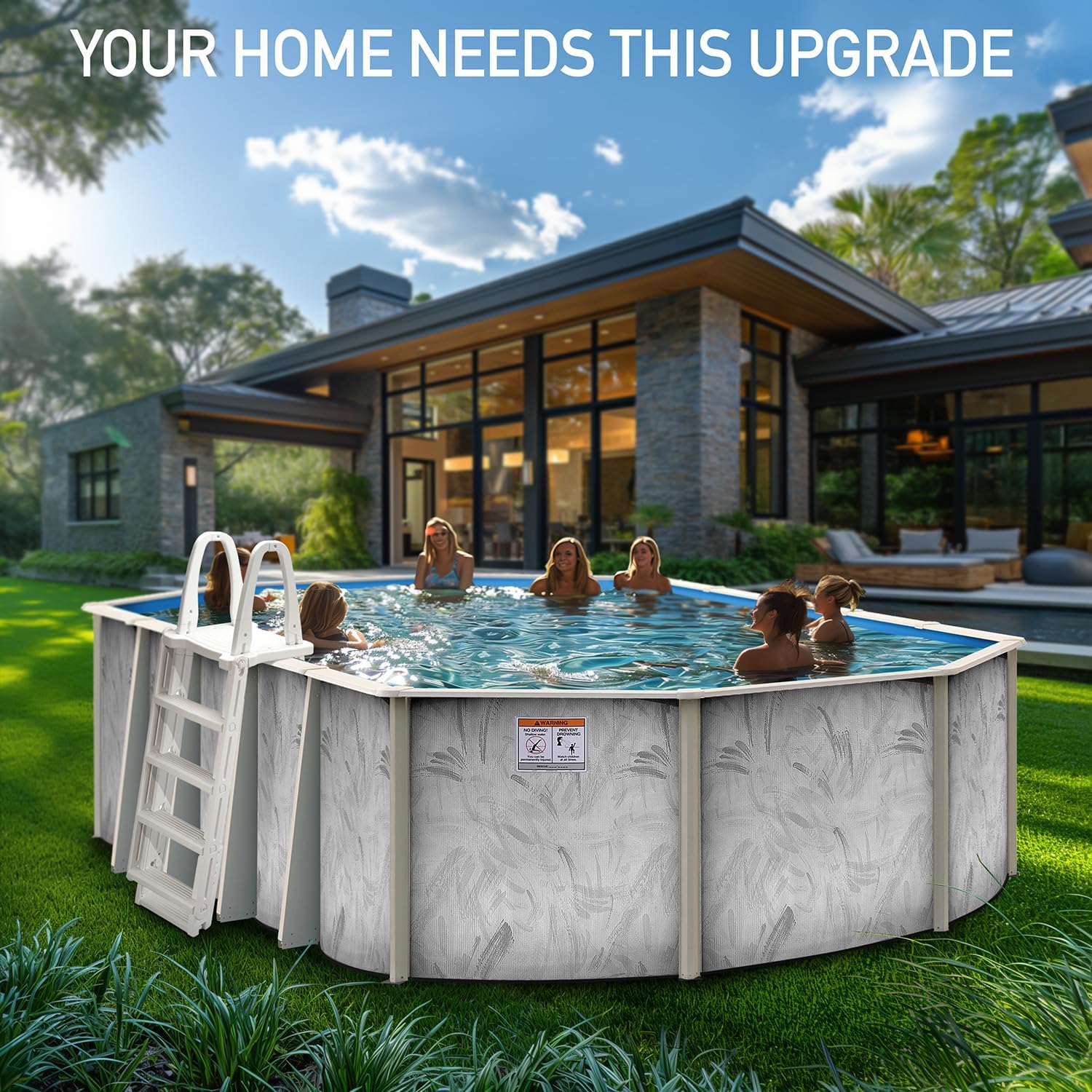 Hollowell Industries - Manufacturers of Doughboy Pools, 15' x 10' Oval Swimming Pool Above Ground, 52' Deep with Skimmer - Hard Sided Steel Wall Pool, Brush Stroke Design - Made in USA