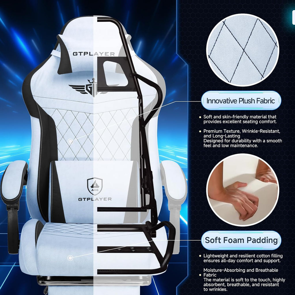 GTPLAYER Gaming Chair, Video Game Chairs with Footrest and Lumbar Support, Computer Chair for Adults with Extended Backrest, Ergonomic Reclining Silla Gamer, Velvet Fabric, Light Blue