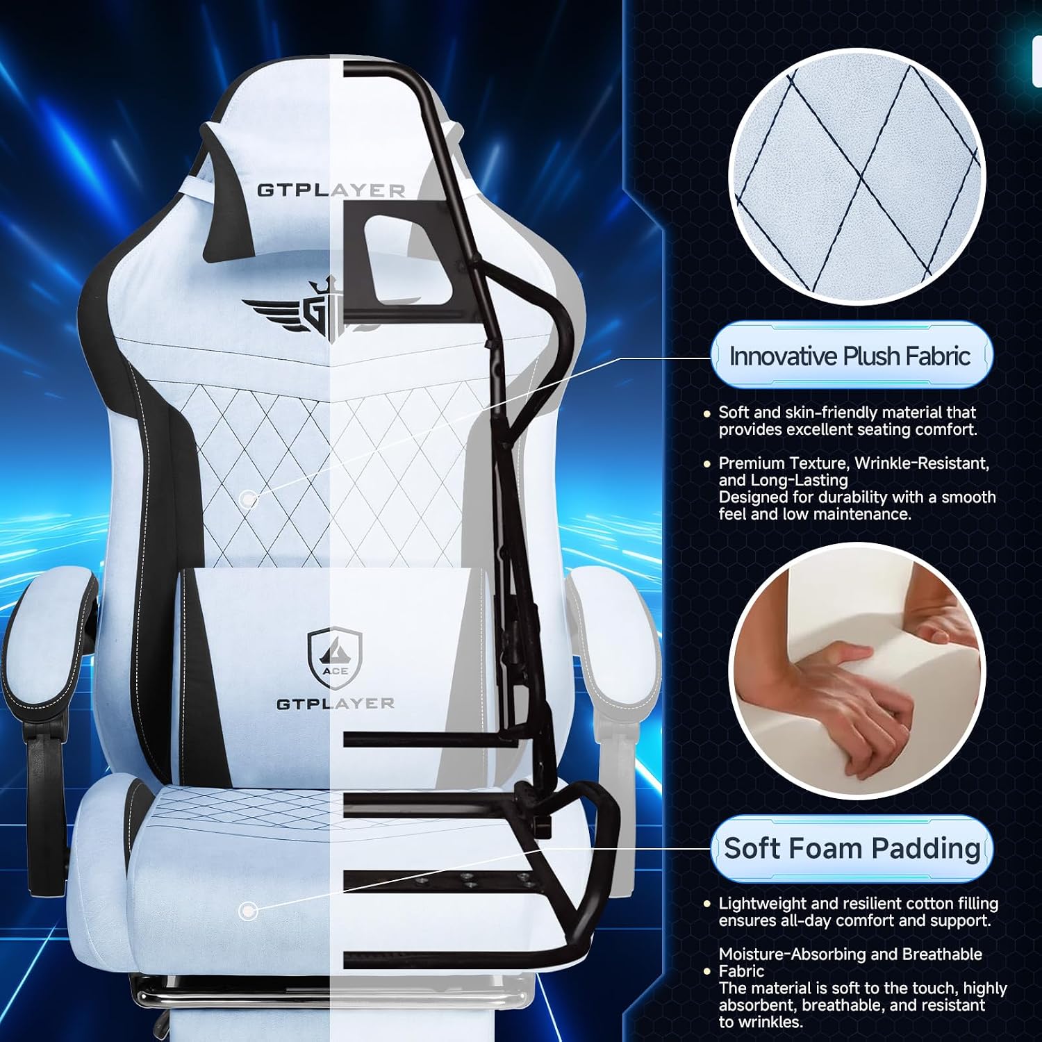 GTPLAYER Gaming Chair, Video Game Chairs with Footrest and Lumbar Support, Computer Chair for Adults with Extended Backrest, Ergonomic Reclining Silla Gamer, Velvet Fabric, Light Blue