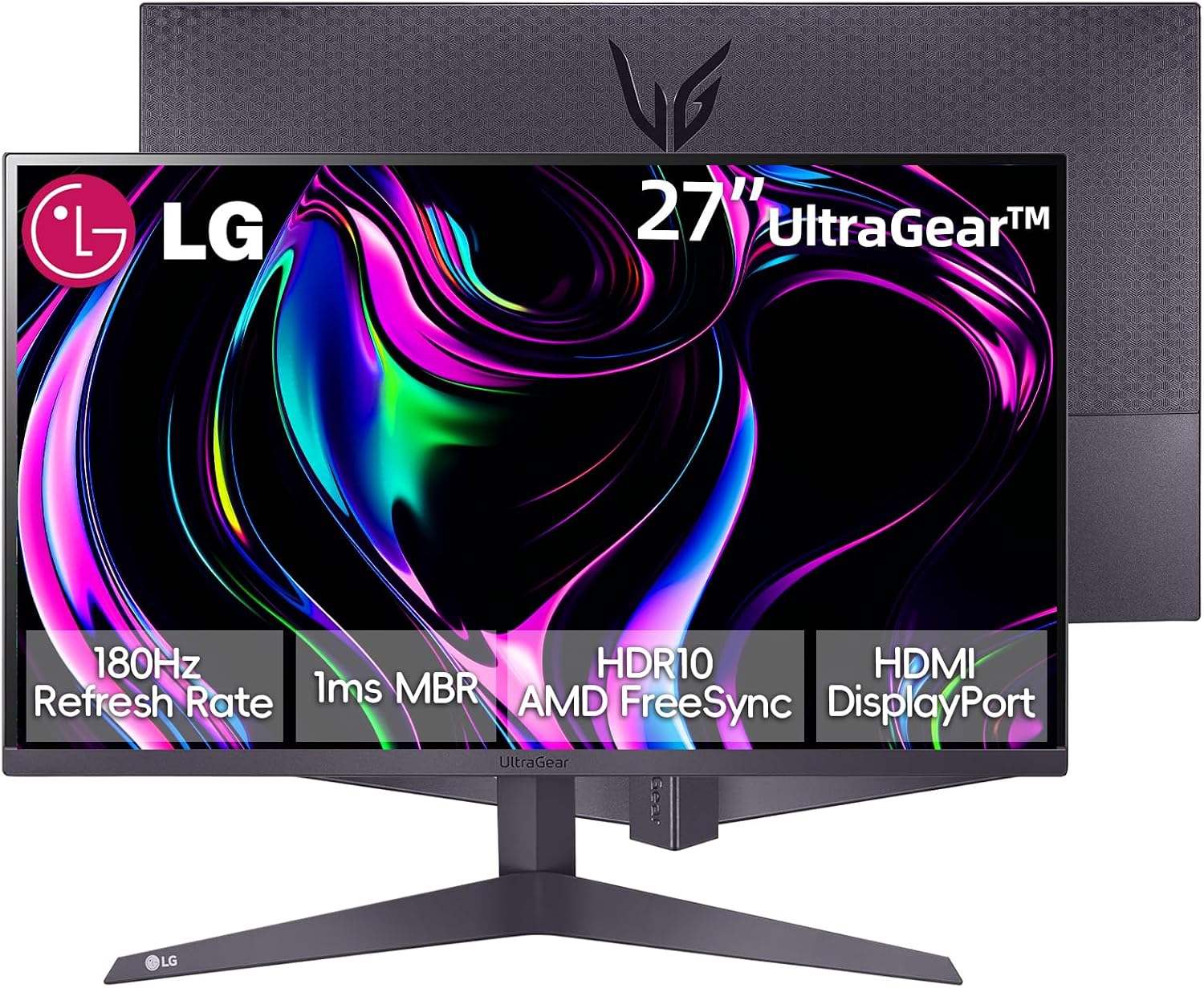 LG 27 inch FHD (1920 x 1080) Ultragear Gaming Monitor, 180Hz, 1ms MBR, HDR10, AMD FreeSync, Enhanced Gaming GUI, HDMI, DisplayPort, 3-Side Virtually Borderless Design, Tilt Adjustable, Black