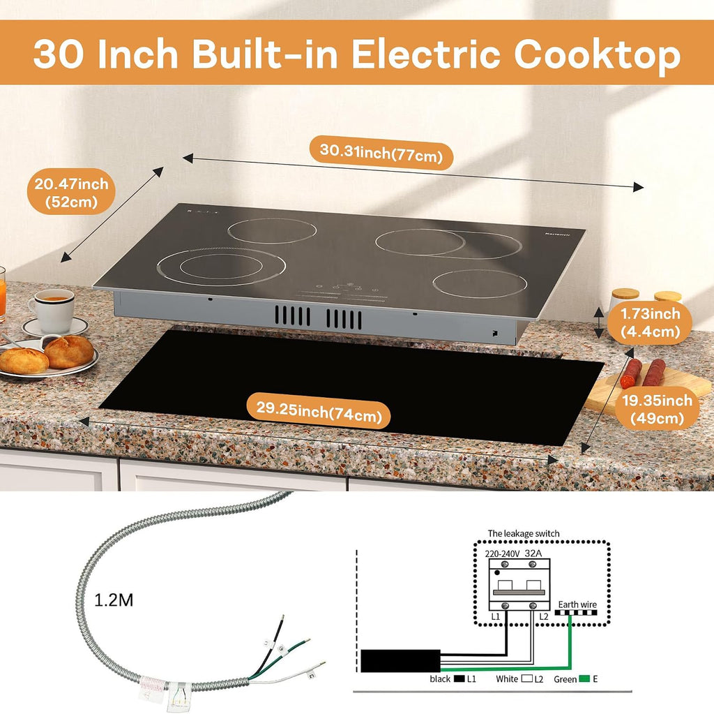 30 Inch Electric Cooktop, 4 Burner Electric Stove with Double Ring Burner & Extended Zone, 6600W Electrics Cooktop 220V-240V, 9 Power Levels, Slide Control, Safety Lock, Timer