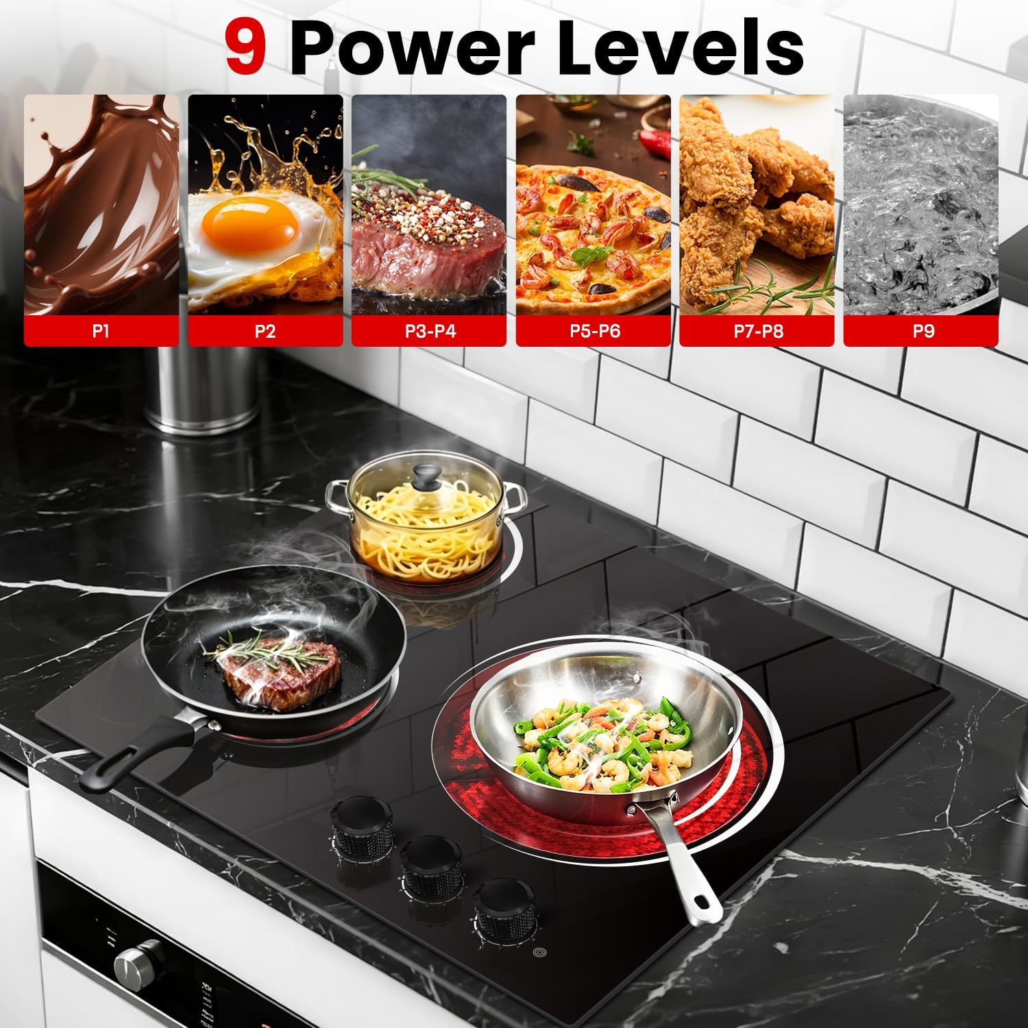 Electric Cooktop 24 Inch - 5700W 3 Burner Electric Stove with Knob Conrol, 220-240V Electrics Stove Top 24'', Built-in, Automatic Shutdown & 9 Heating Levels, Residual Heat Warning, Hard Wire