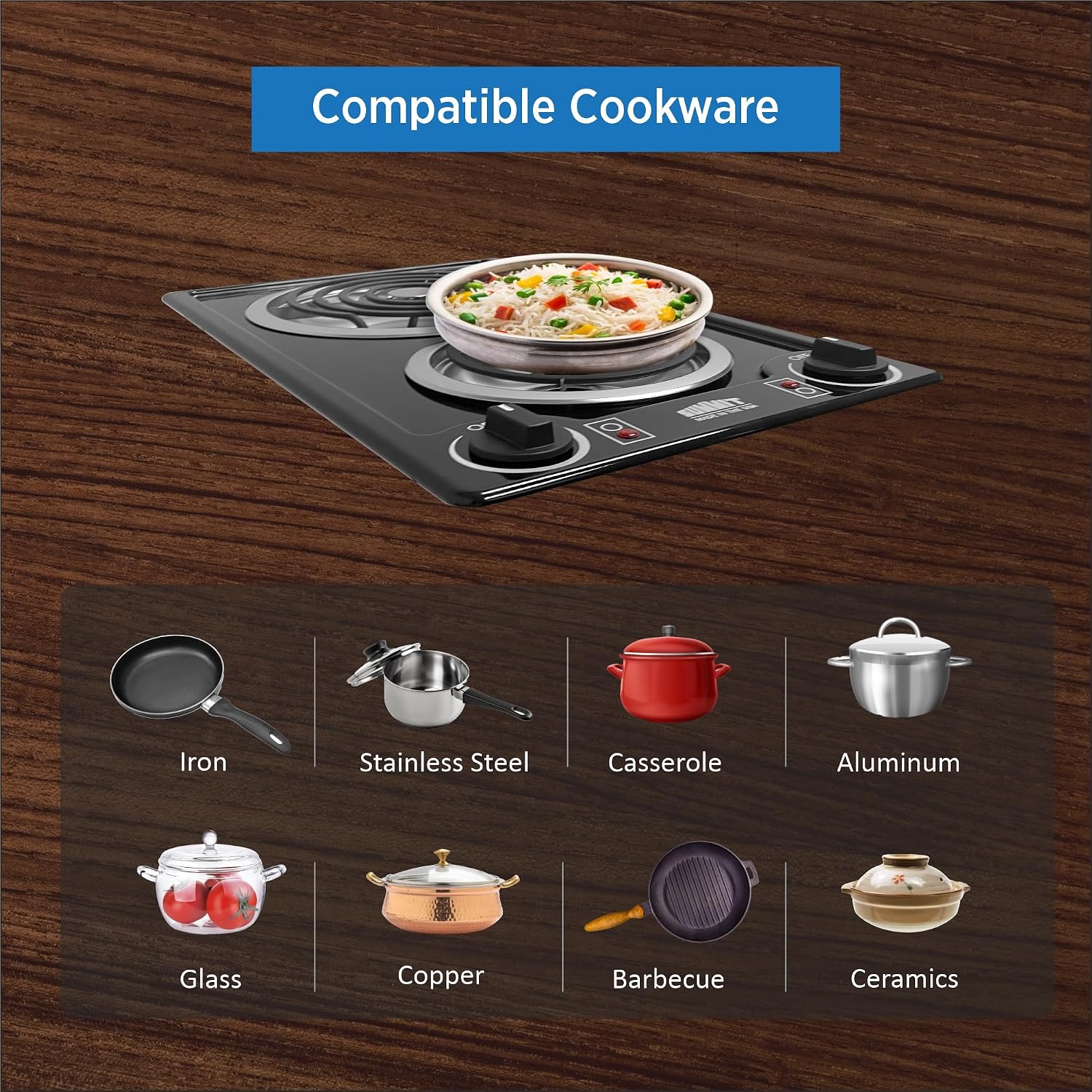 Summit 12' 2 Burner Electric Cooktop. 230V Radiant Cooktop, Coil Elements, Made in the USA, Black- CCE226BL