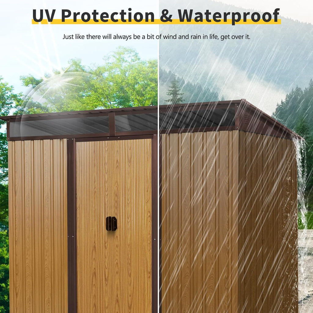 6x8 FT Outdoor Storage Shed, Metal Garden Shed with Frame Floor, Outside Tool Shed with Lockable Sliding Doors, Waterproof Storage Building with Sloped Roof & Air Vents for Backyard, Patio, Coffee