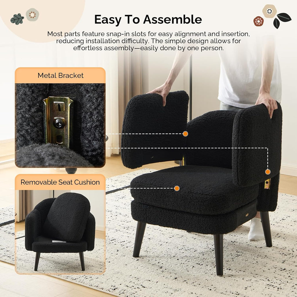 VINGLI 30.3' Wide Modern Barrel Accent Armchair with Track Armrest, Solid Wooden Legs, Comfy Upholstered Club Chair, Round Single Home Sofa for Living Room, Bedroom, Reading Room,Teddy Fleece Black