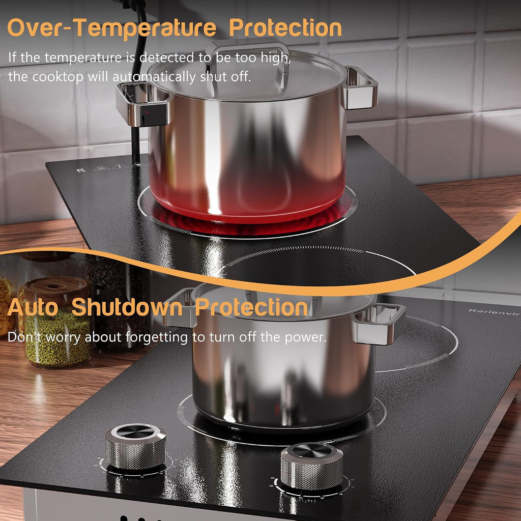 2 Burner Electric Cooktop 110V Karienvir, Plug in Electric Stove Top Burner 2000W, Cooktop Knob Controls, 12 Inch Countertop & Built-In Portable Kitchen Cooktop, 9 Power Levels, Residual Heat Warnings