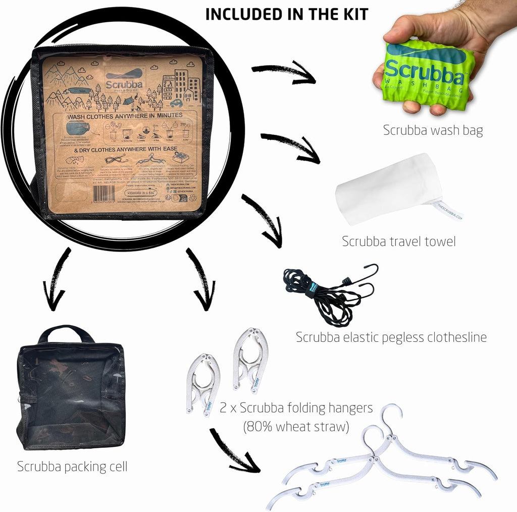 Scrubba Portable Wash Bag Untouched Kit (5 Pieces) – White Undyed, Unbleached, Hand Washing Machine System for Hotel, Hiking & Travel Wash – Light and Small Eco-friendly Camping Washer and Dryer