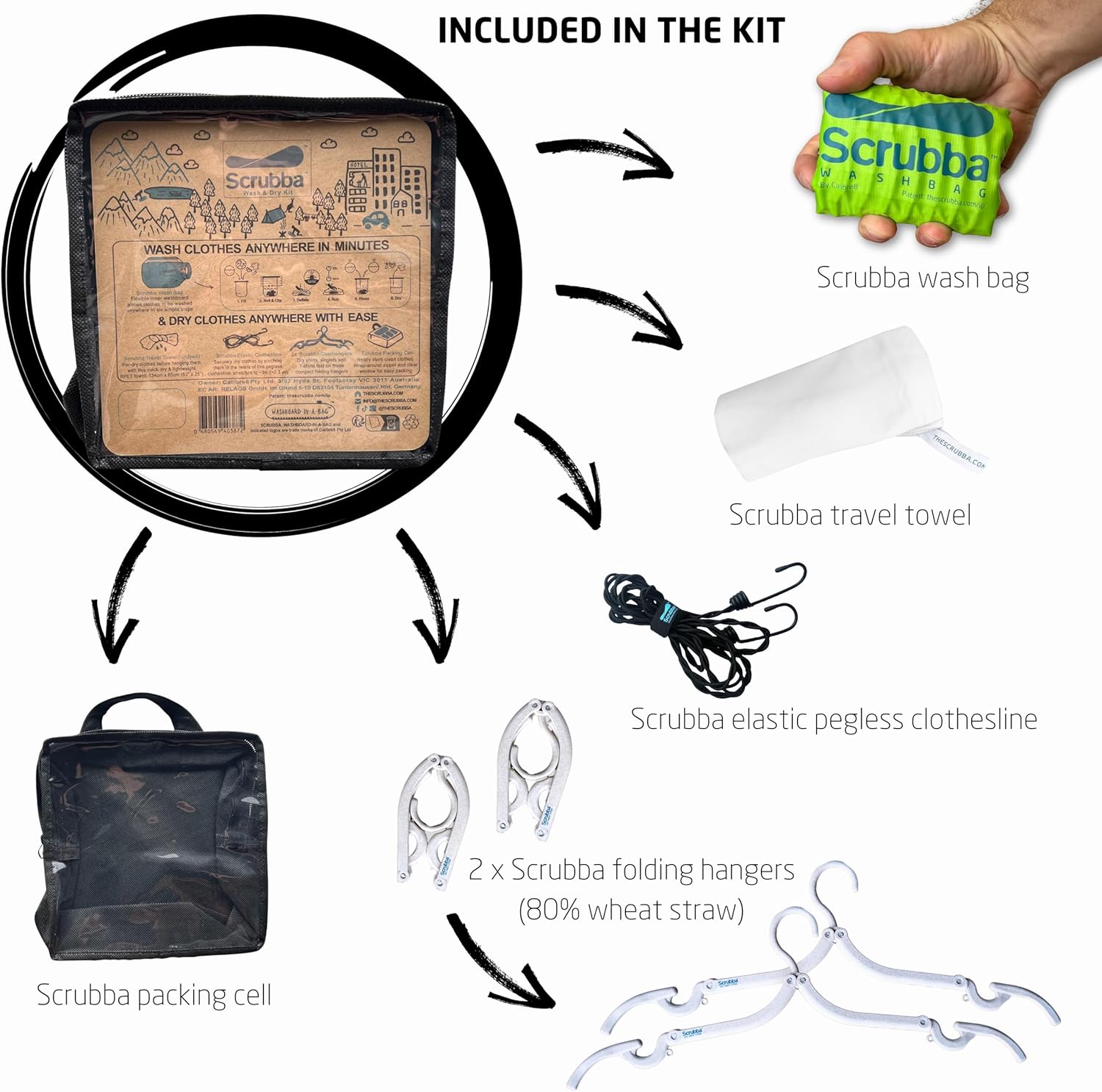 Scrubba Portable Wash Bag Untouched Kit (5 Pieces) – White Undyed, Unbleached, Hand Washing Machine System for Hotel, Hiking & Travel Wash – Light and Small Eco-friendly Camping Washer and Dryer