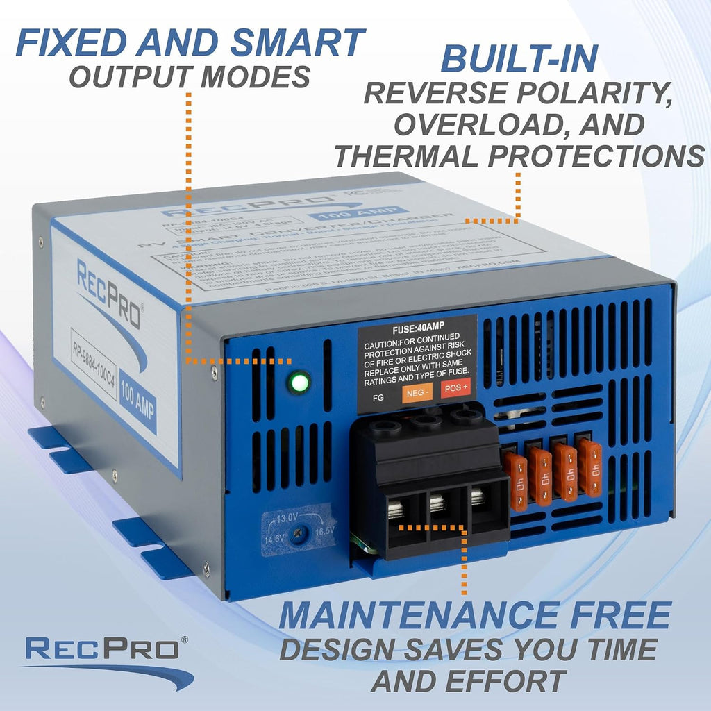 RecPro RV Converter 100 Amp | RV Power Converter & Battery Charger | 4 Stage Smart Charging | 120VAC to 12VDC | 13V to 16.5V Operating Range