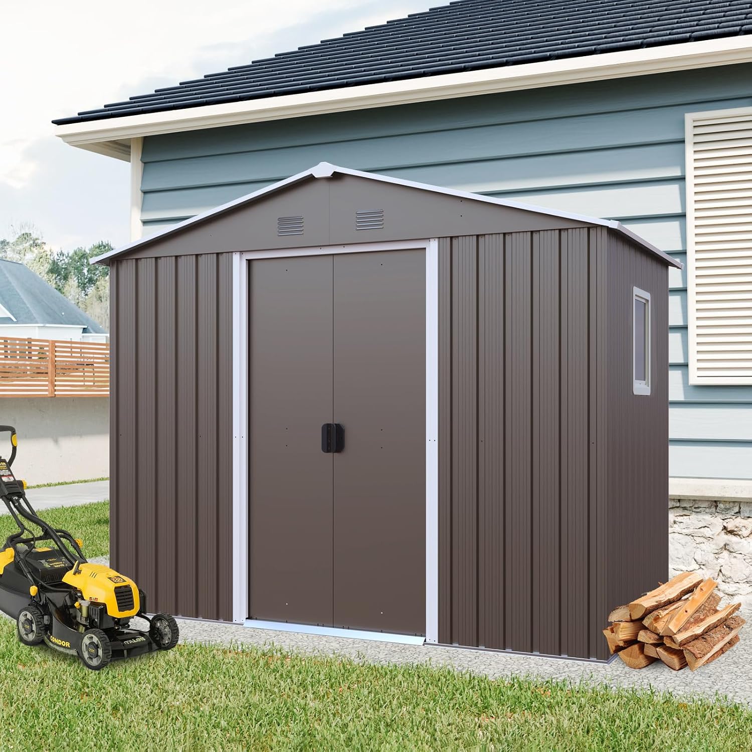 8 x 4 FT Outdoor Storage Shed, Metal Garden Shed with Floor Frame, Tool Shed Outdoor Storage with Lockable Sliding Doors & Window & Air Vents, Storage House Waterproof for Backyard, Lawn, Gray