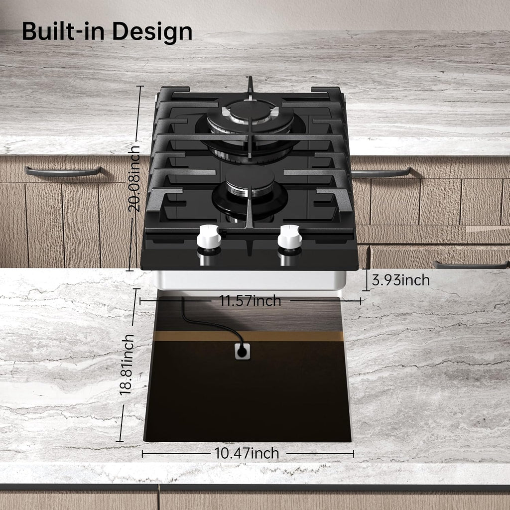 Amzgachfktch Gas Cooktop 2 Burner Propane Cooktop, 12 Inch Gas Stove Top with Thermocouple Protection, LPG/NG Dual Fuel Built-in Tempered Glass Stove for Apartment, Indoor, RV