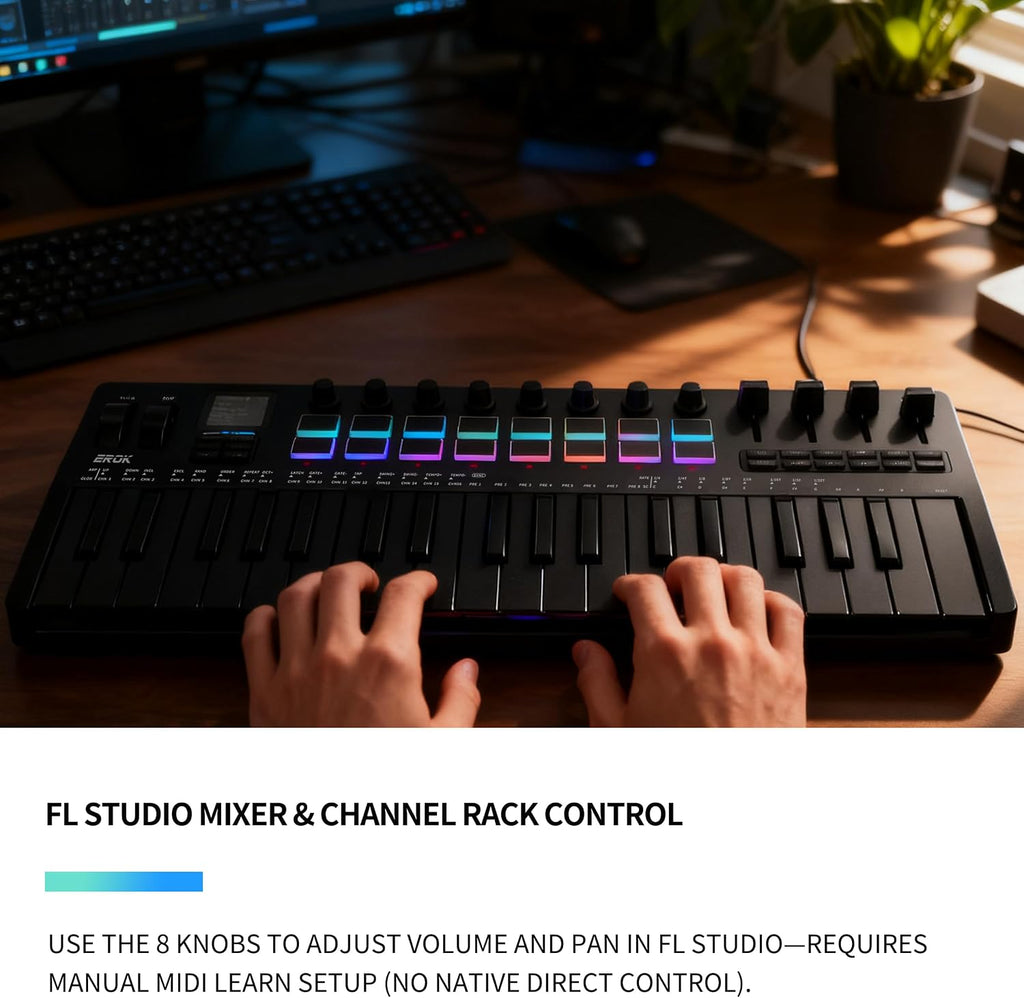 EROK 37 Keys MIDI Keyboard Controller with 3.5mm MIDI Output, 16 Backlit Drum Pads, 8 Knobs, DAW Integration & Arpeggiator, Music Production Equipment and Studio Controller (Dark)