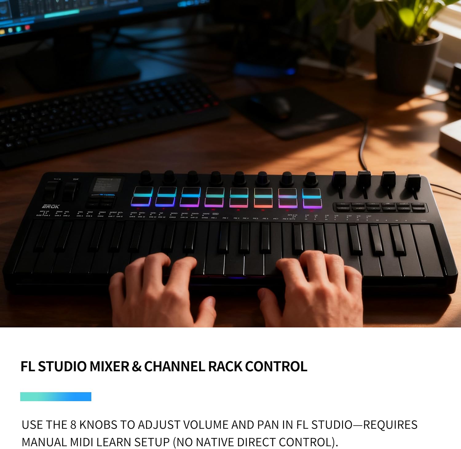 EROK 37 Keys MIDI Keyboard Controller with 3.5mm MIDI Output, 16 Backlit Drum Pads, 8 Knobs, DAW Integration & Arpeggiator, Music Production Equipment and Studio Controller (Dark)