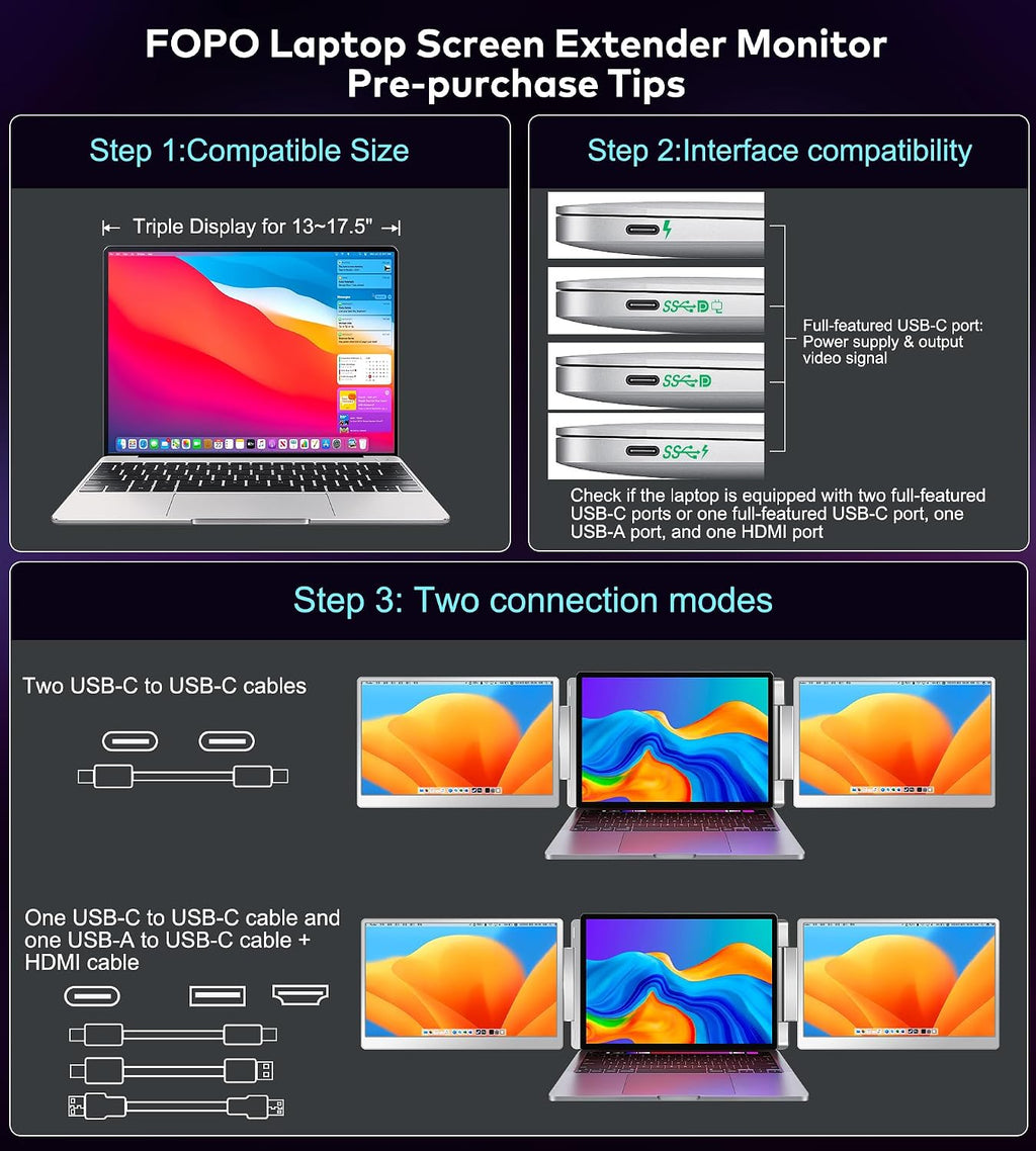 Laptop Screen Extender 16'- 1200P 16:10 FHD Triple Monitor for 12-18.5', Portable Monitor for Laptop with HDMI and USB-C Connectivity for MacBooks(NOT M1 M2 M3)/Wins, Chrome, Surface