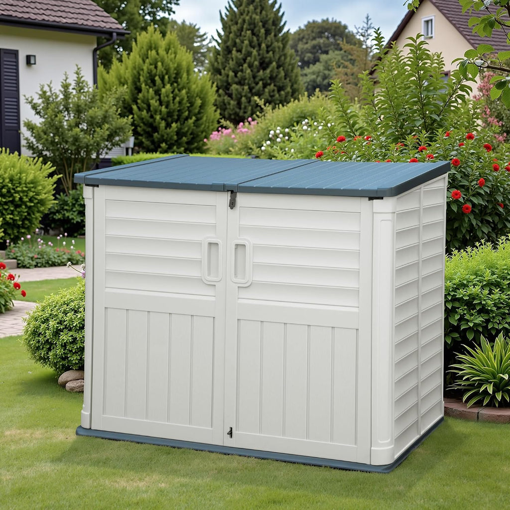 Greesum Outdoor Trash Can Storage Shed, 34 Cu.ft Waterproof Horizontal Storage Shed, Portable Horizontal Resin Storage Shed for Garden, Backyard, Patio, White