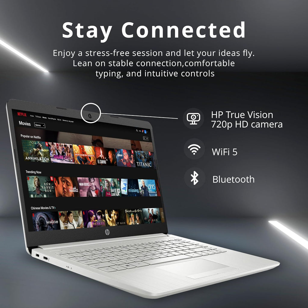 HP Stream 14' HD Laptop, Intel Celeron N4120, 4GB RAM, 64GB eMMC, Intel UHD Graphics 600, 1 Year Office 365, HD Camera, Wi-Fi 5, Bluetooth, Fast Charge, Windows 11 S, Silver, 32GB Hotface USB Card