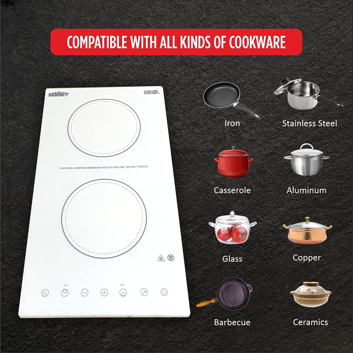 Summit Appliance CR2B15T2WTK15 115V 2-Burner Radiant Cooktop in White Ceramic Glass Surface with Digital Touch Controls & Stainless Steel Frame to Allow Installation in 15' Wide Counter Cutouts