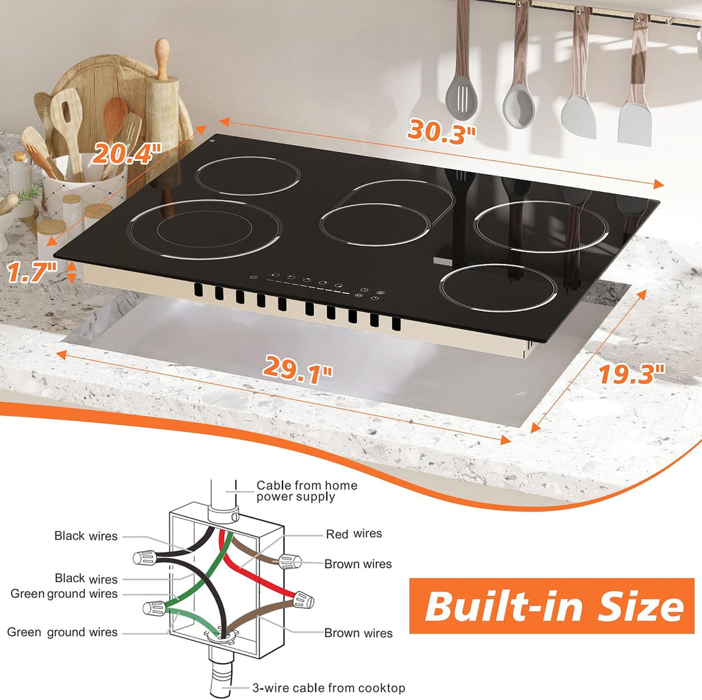 30 Inch Electric Cooktop, 5 Burner 8400W Built-in Electric Stovetop, Ceramic Cooktop with Expanded Zone, Slide Touch Control, Timer, Child Safety Lock, Pause, 220V - 240V Hard Wire, No Plug