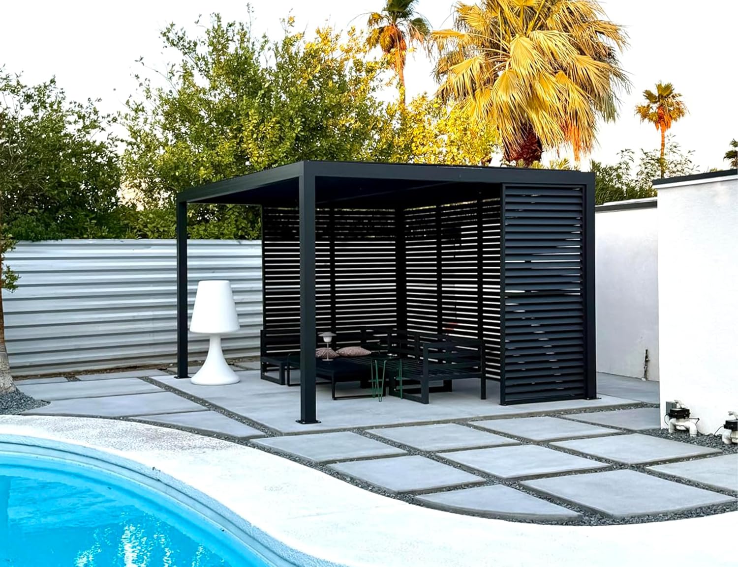 PURPLE LEAF Louvered Pergola 94AS 11' x 14' Outdoor Aluminum Pergola with Fixed Shutter Wall Adjustable Roof for Deck Backyard Grey Hardtop Gazebo, 1 Short Side