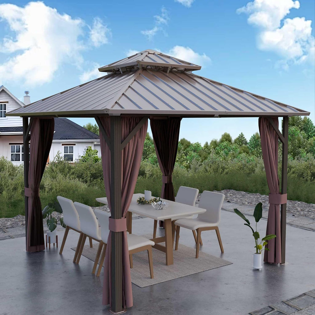 Hardtop Gazebo 10' x 10', Outdoor Aluminum Frame Galvanized Steel Double Roof Pavilion with Netting and Shaded Curtains, Permanent Metal Pergolas for Patio, Backyard, Deck and Lawns.
