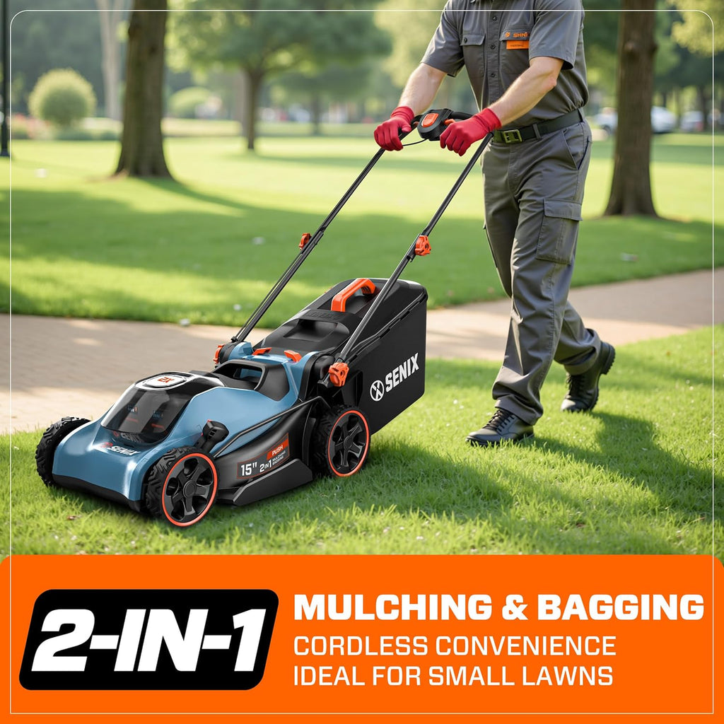 SENIX 40V Max* 15'' Battery Powered Lawn Mower - 1.3 Bushels Grass Bag, 2 X2 4Ah Batteries & 3.0A Charger Included (LPPX2-M4)