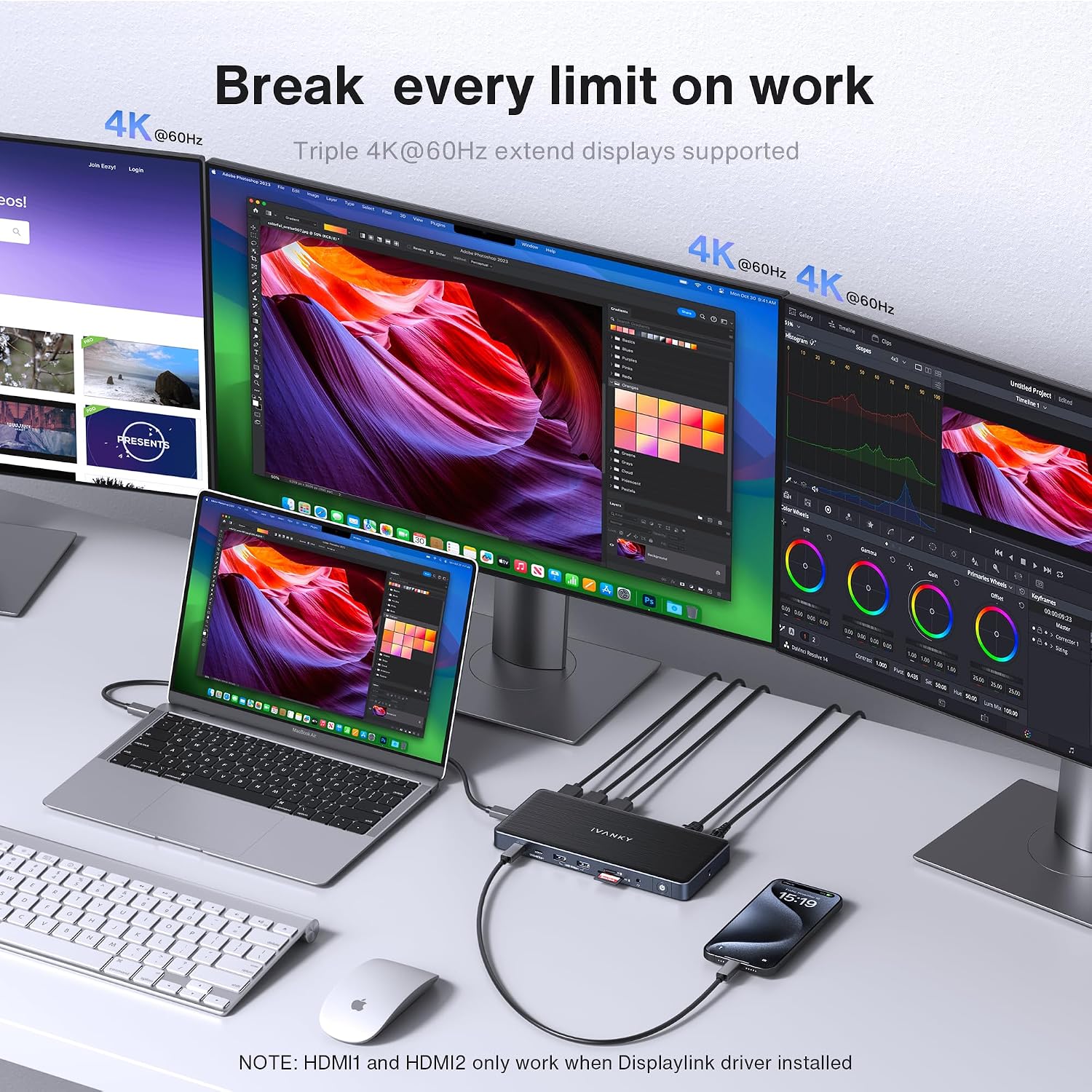 iVANKY 14-in-1 FusionDock Pro 1+ for M2/ M3/ M4/M5 MacBook DisplayLink Docking Station with 180W Power Adapter, Triple 4K@60Hz Monitor Mac mini Air Dock 3HDMI 2.0, 96W PD, 10Gbps, 2.5GbE, SD/TF 4.0