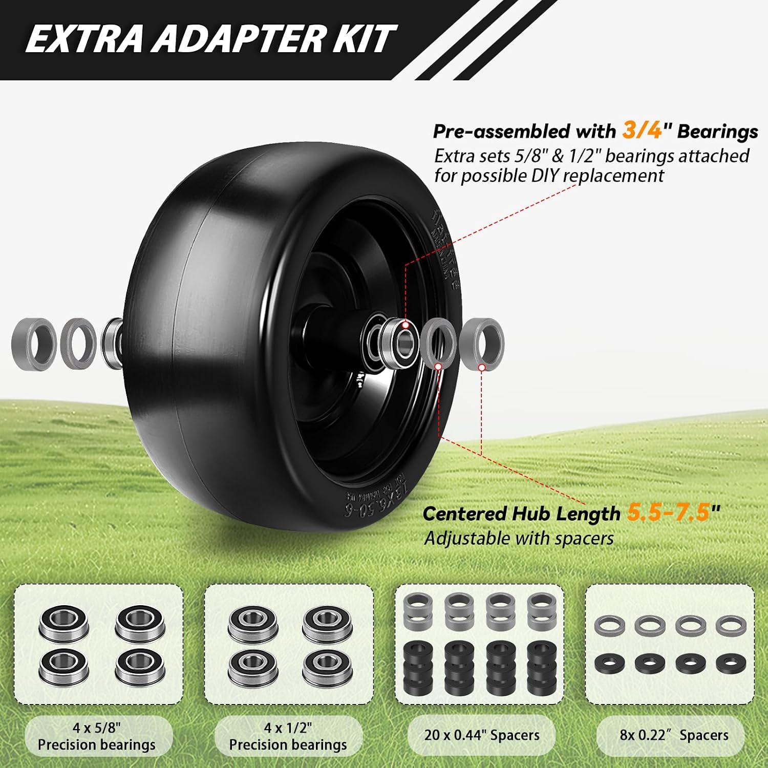 2 Pcs Upgrade 13x6.50-6 Lawn Mower Tires Flat Free,13x6.5-6 Tire and Wheel with 3/4'& 5/8' Bearing,5.5'-7.5' Centered Hub,13x6.5-6 Zero Turn Mower Front Tire for Residential and Commercial Garden Lawn