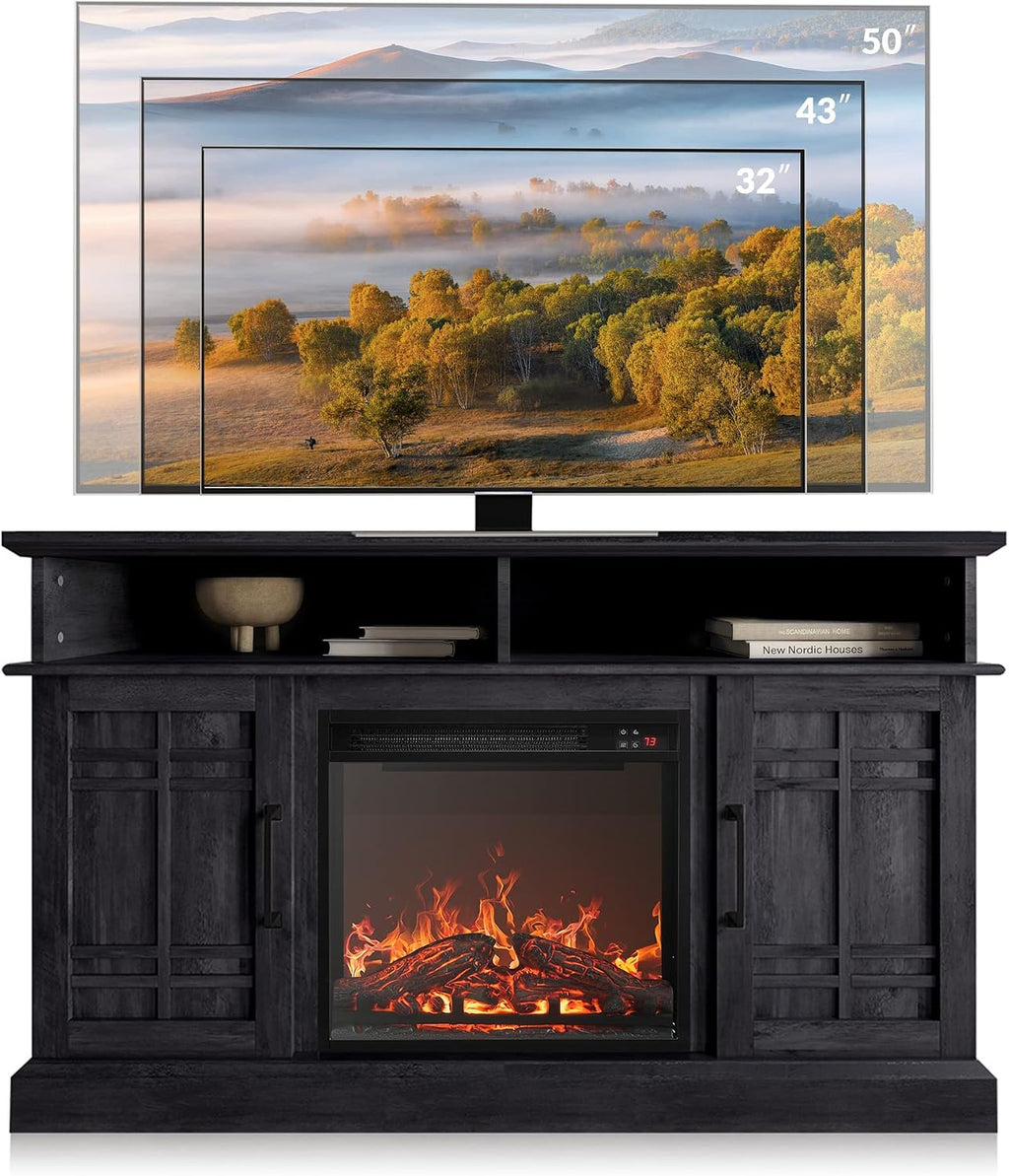 BELLEZE 48' TV Stand with 18' Electric Fireplace Heater, Modern TV Stand for TVs up to 50', Entertainment Media Stand with Open Shelves and Storage Cabinets for Living Room, Bedroom (Rustic Grey)
