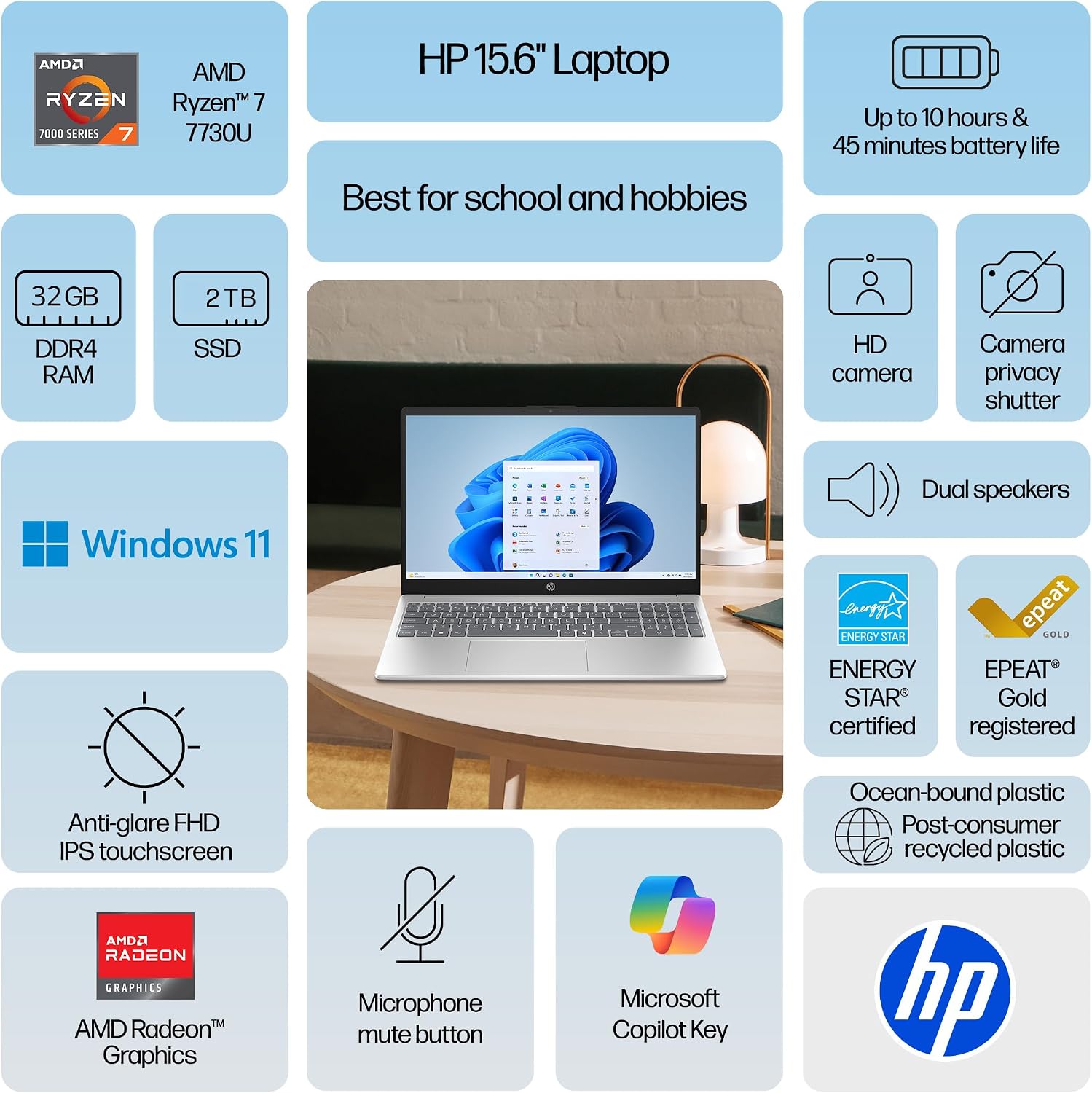 HP Pavilion 15.6' FHD Touchscreen Business Laptop, AMD Ryzen 7 7730U, 32GB RAM, 2TB PCIe SSD, Numeric Keypad, Webcam, Wi-Fi 6, HDMI, Windows 11, W/Mouse