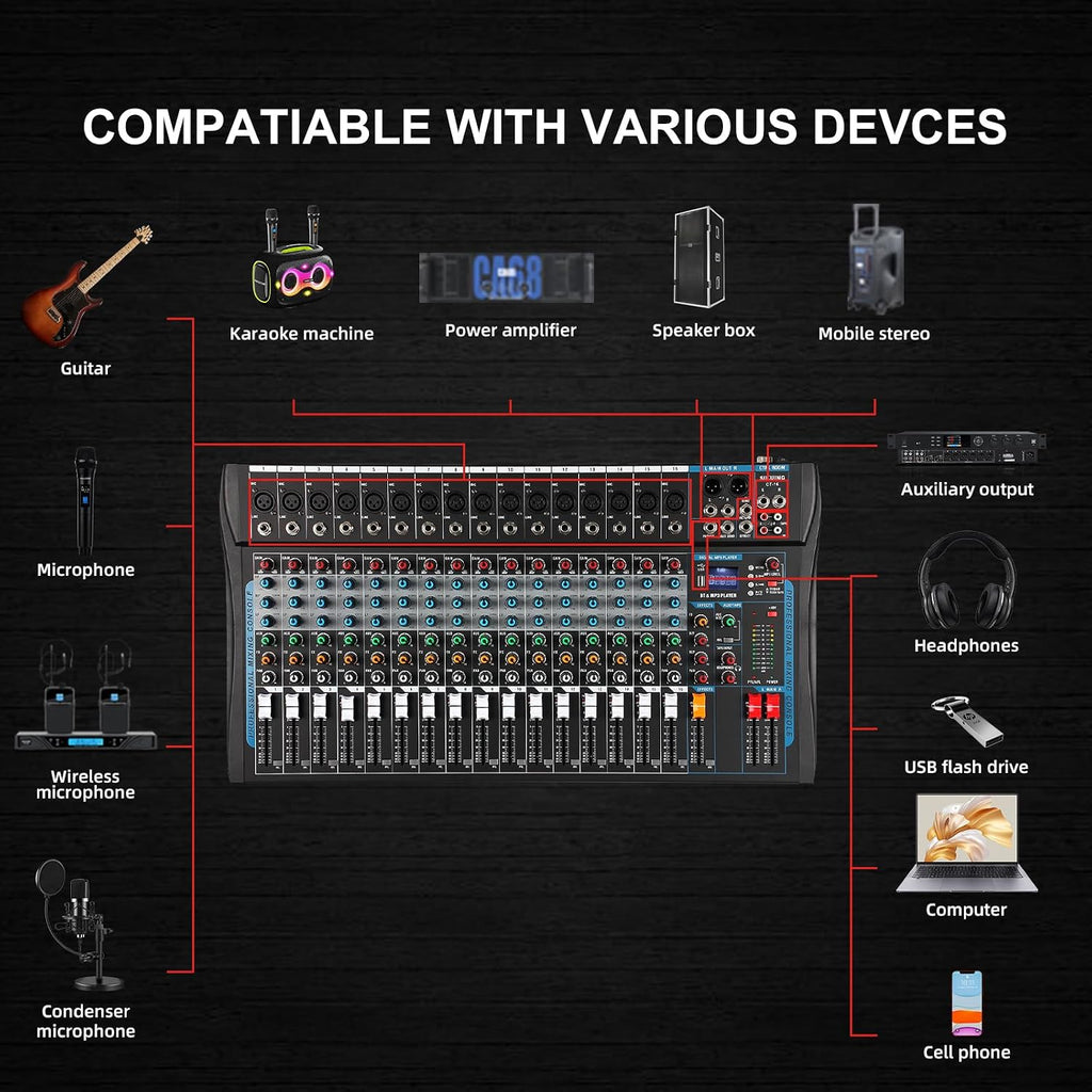 16 Channel Audio Interfacer Sound Board Mixer DJ Mixer 16-Bit DSP Effect USB Audio Mixer +48V Phantom Power Bluetooth Mixer for Karaoke Studio Streaming Recording,Live Streaming