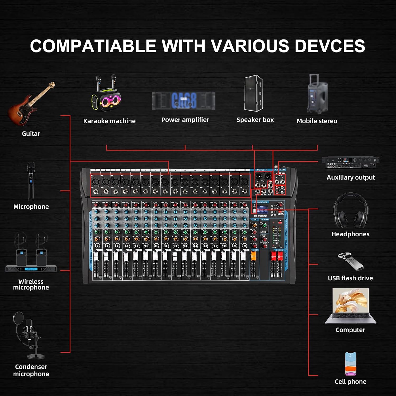 16 Channel Audio Interfacer Sound Board Mixer DJ Mixer 16-Bit DSP Effect USB Audio Mixer +48V Phantom Power Bluetooth Mixer for Karaoke Studio Streaming Recording,Live Streaming