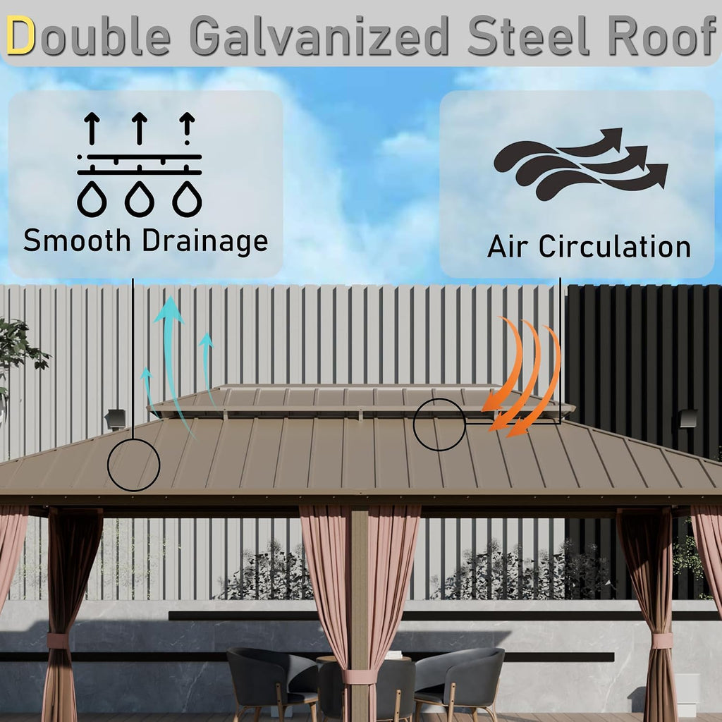 12'x18' Hardtop Gazebo, Outdoor Aluminum Frame Galvanized Steel Double Roof Pavilion with Netting and Shaded Curtains, Permanent Metal Pergolas for Patio, Backyard, Deck and Lawns.