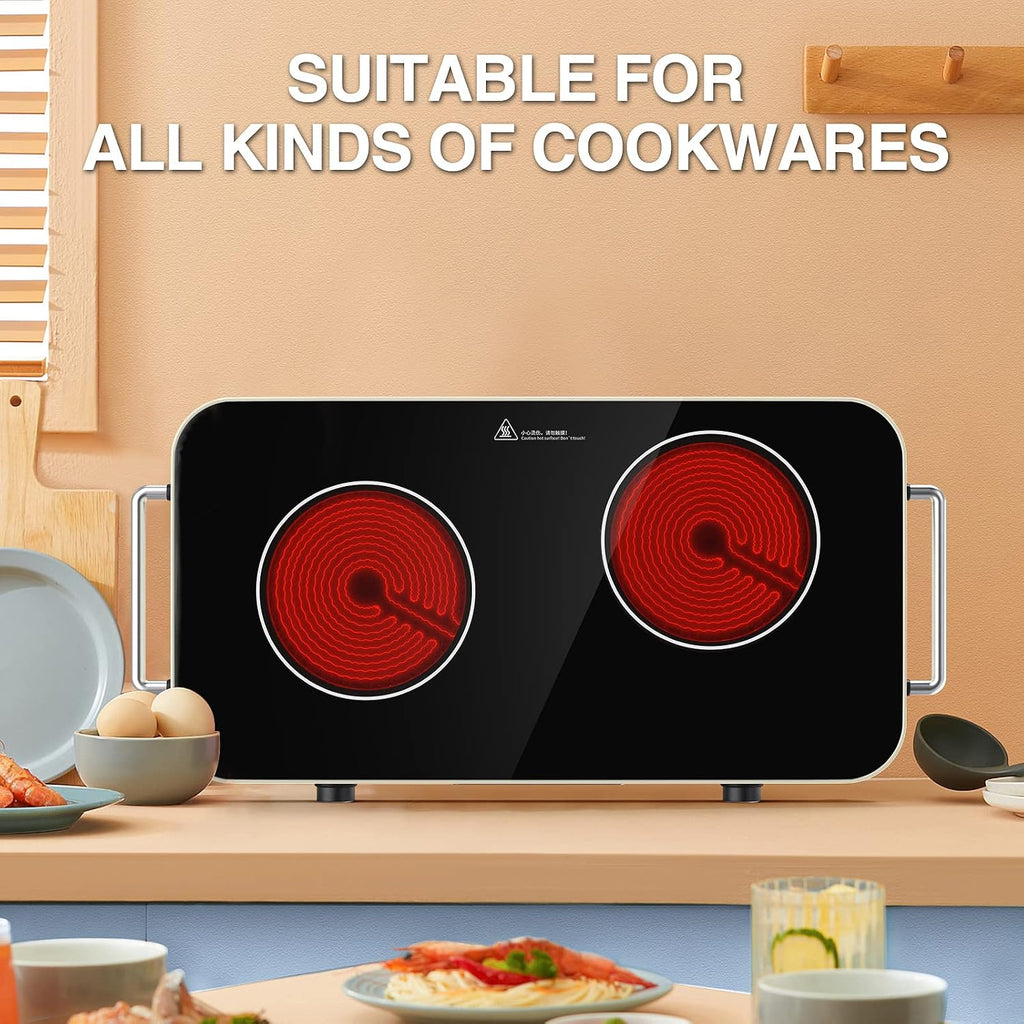 Electric Cooktop, Portable Electric Stove 110V 2 Burners 9 Heating Levels with 2 Handle, 2200W Knob Control Child Safety Lock & Timer (Portable)