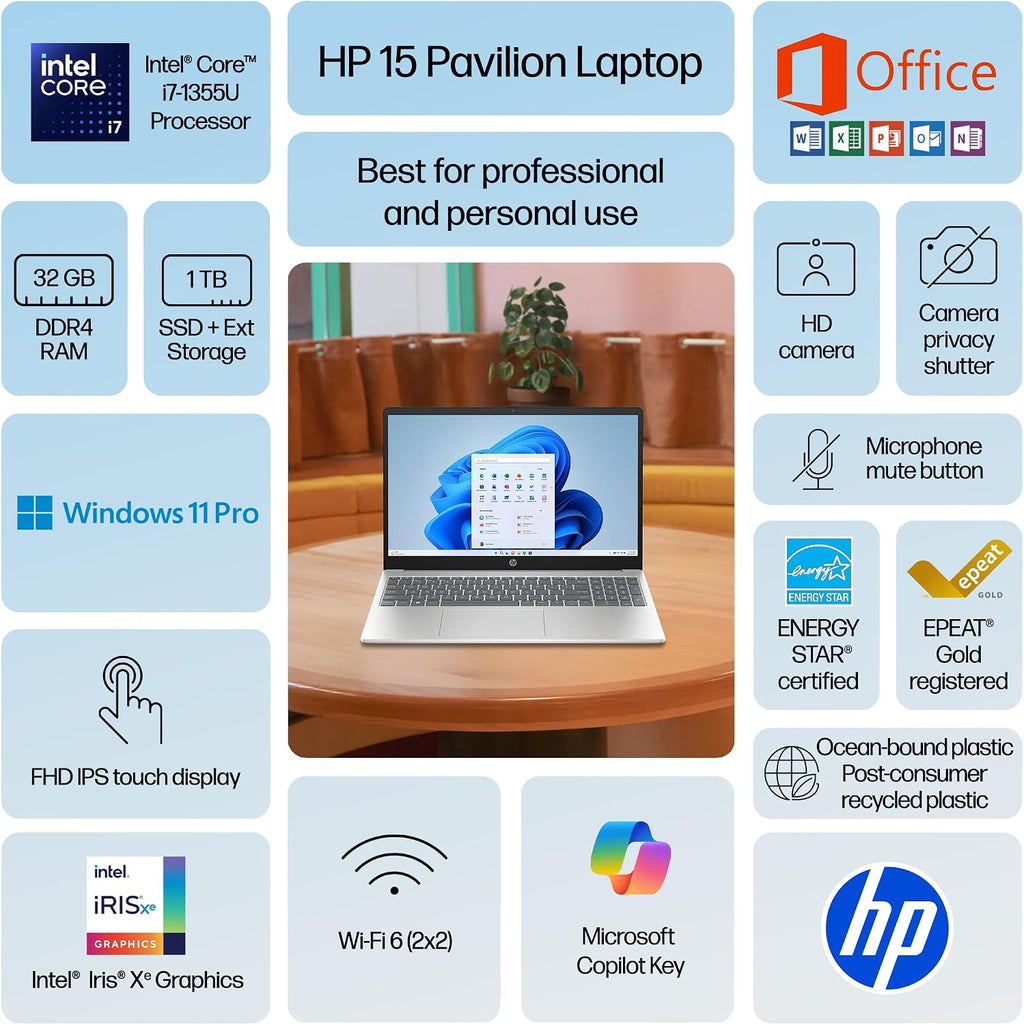HP Ultra Performance Touchscreen Laptop 2025-2026 Business, Al Copilot, 10-Core Intel Core i7-1355U, 15.6' FHD, 32GB RAM, 1TB Storage (512GB SSD+500GB Ext), MarxsolAdd-on, Win 11 Pro, Lifetime Office