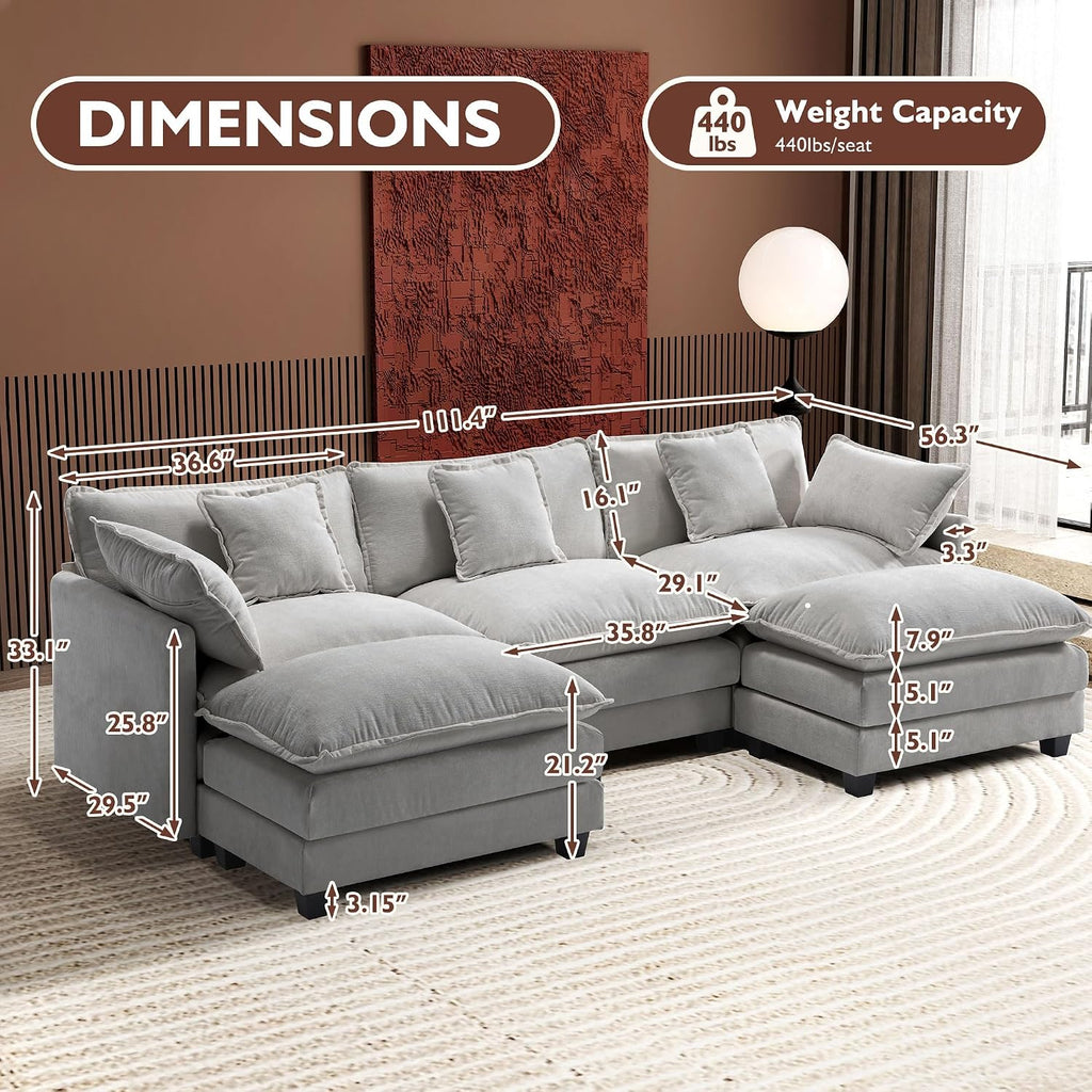 Ihanherry 111.4' U Shaped Modern Cloud Sofa Modular Sectional Couch with 2 Ottoman, 5-Seat Chenille Deep Seat Sofa with Pillow for Living Room, Bedroom and Apartment, Grey