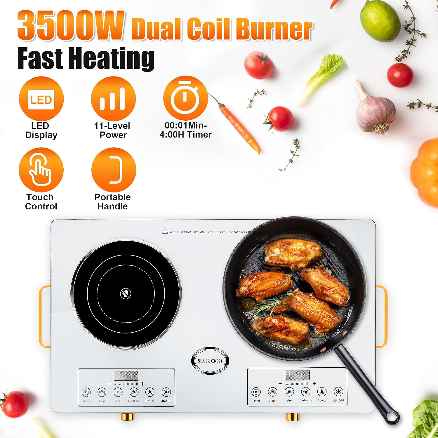 Electric Charcoal Burner Stove, 500W Single Coil Hot Plate Starter with Grill Tongs, 5-Level Temp, Smart Heat Control & Stainless Steel Fast Heating for Cooking top Countertop (5543White-Double)