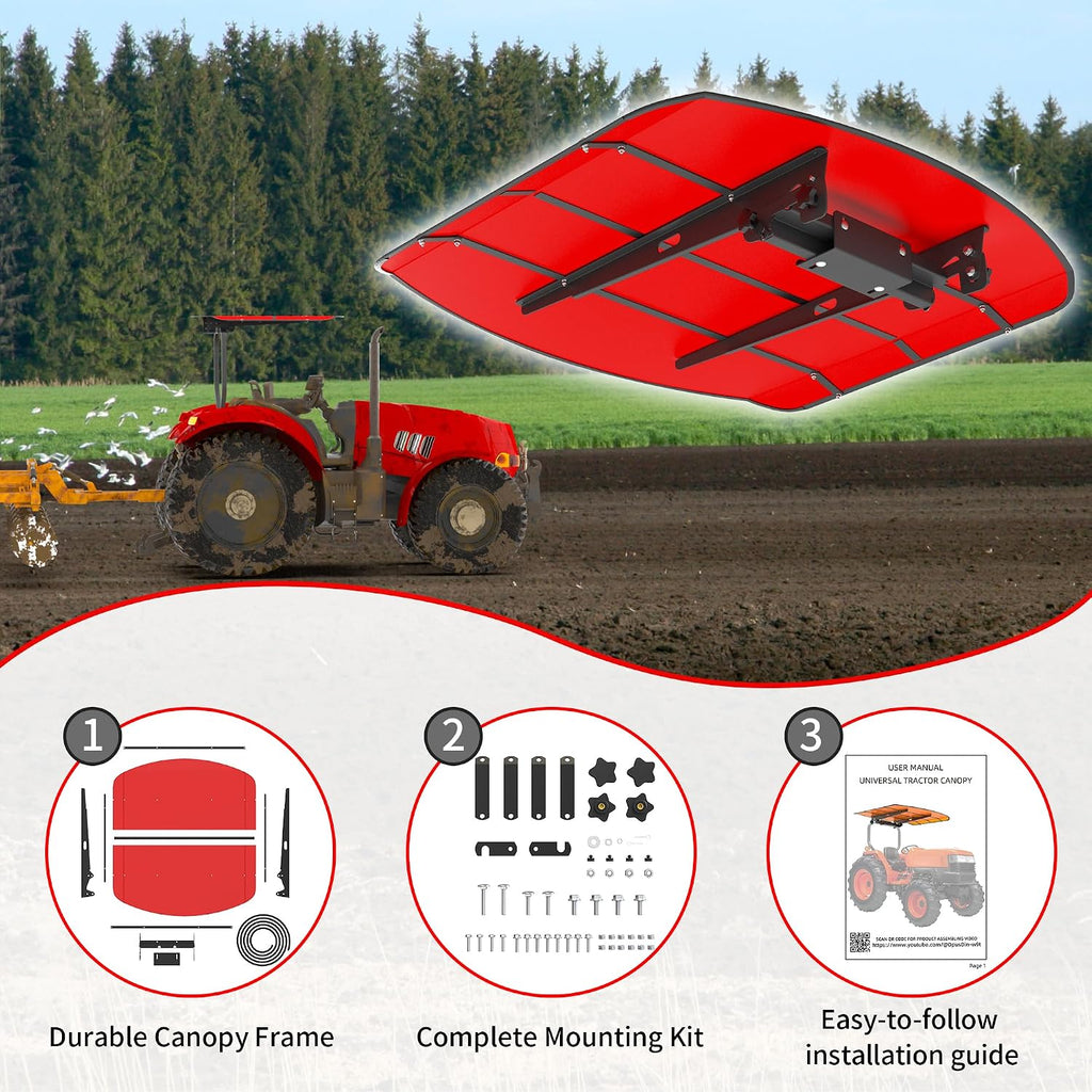 Red Tractor Canopy for ROPS 53-3/8' x 53-3/8' – Sunshade Roof for Lawn Mowers, Heavy-Duty Mounting Brackets, Non-Fading High-Density Thermoplastic (Adds About 4' to Tractor Height)
